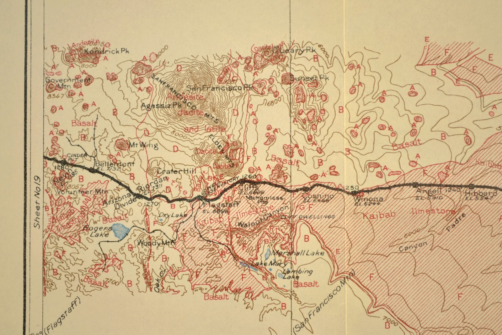 1915 Antique Santa Fe Railroad Map Line Flagstaff Arizona Cliffs AZ Geological