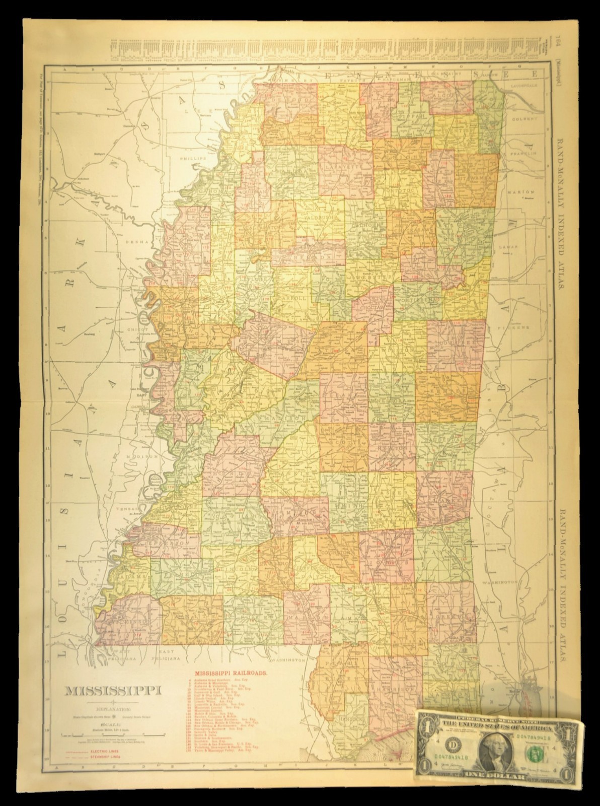 1911 Antique Mississippi Railroad Map ORIGINAL Atlas Map Y&MV RR GSI RR DATED