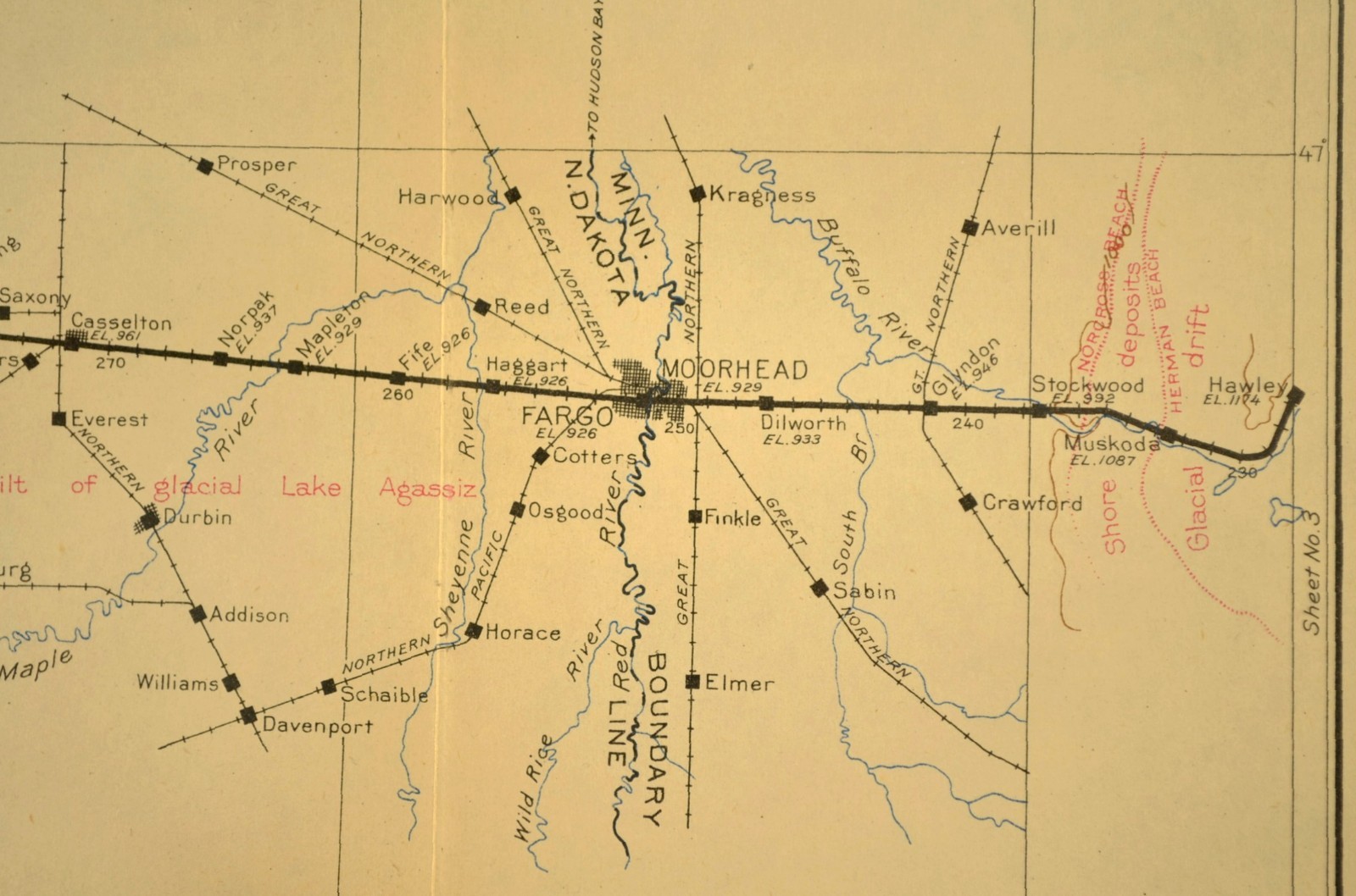 1915 Antique Northern Pacific Railroad Map Fargo North Dakota Moorhead Minnesota