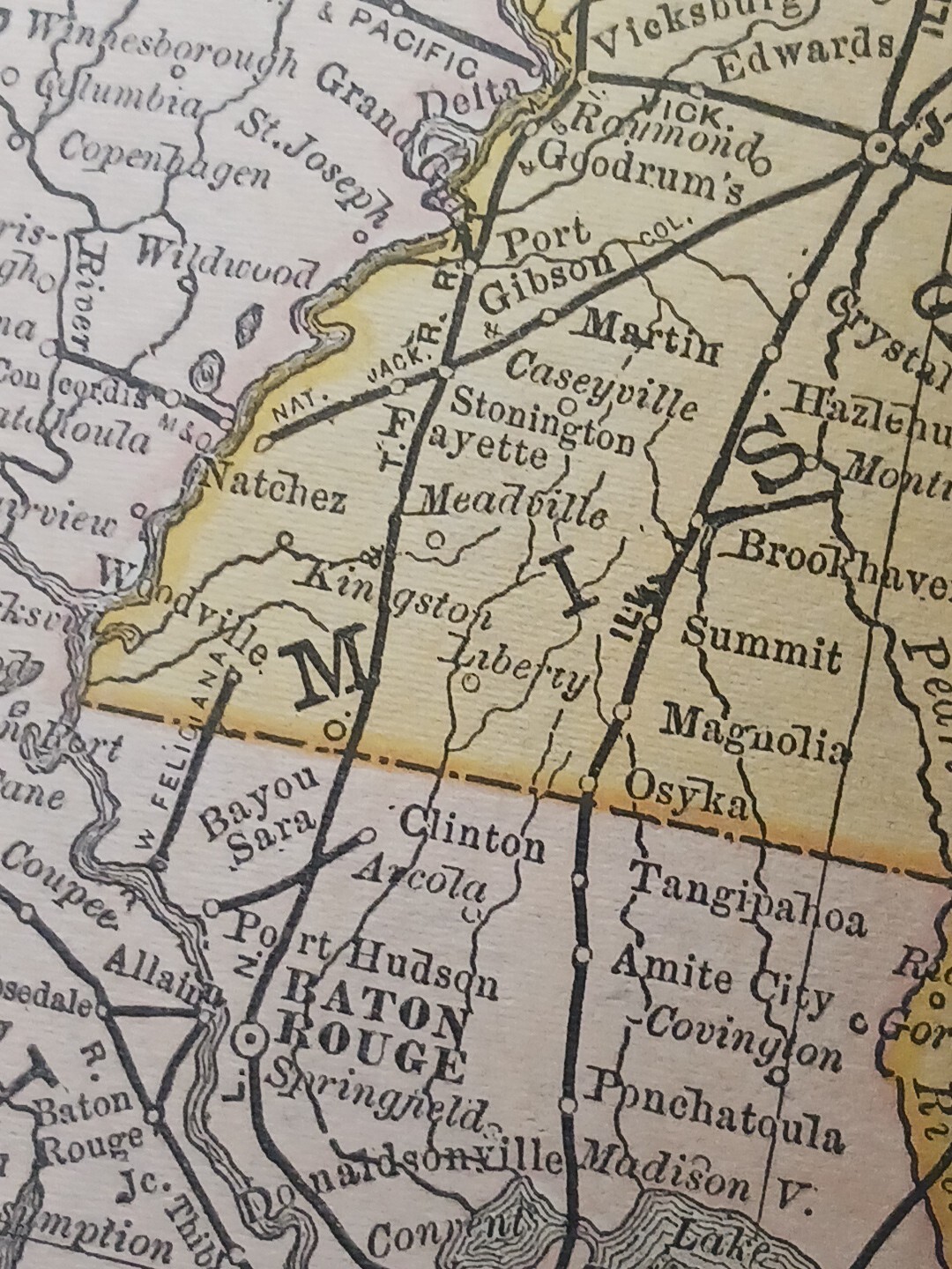 1886 Train Route Map Alabama Louisiana Mississippi TN AR Railroad Lines 9″x 11″