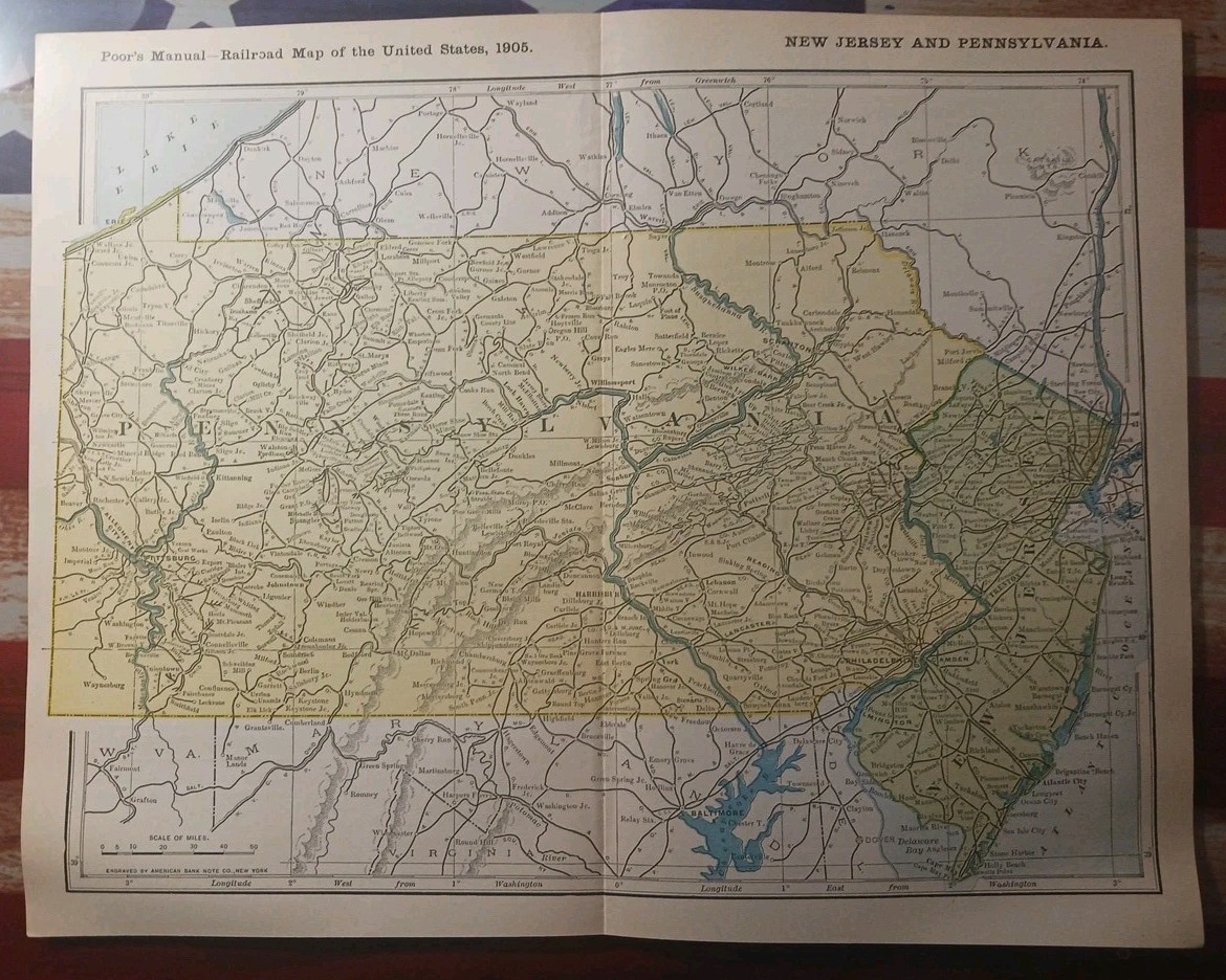 1905 Train Route Map PENNSYLVANIA New Jersey ALL old Railroad Lines Towns 11×9″