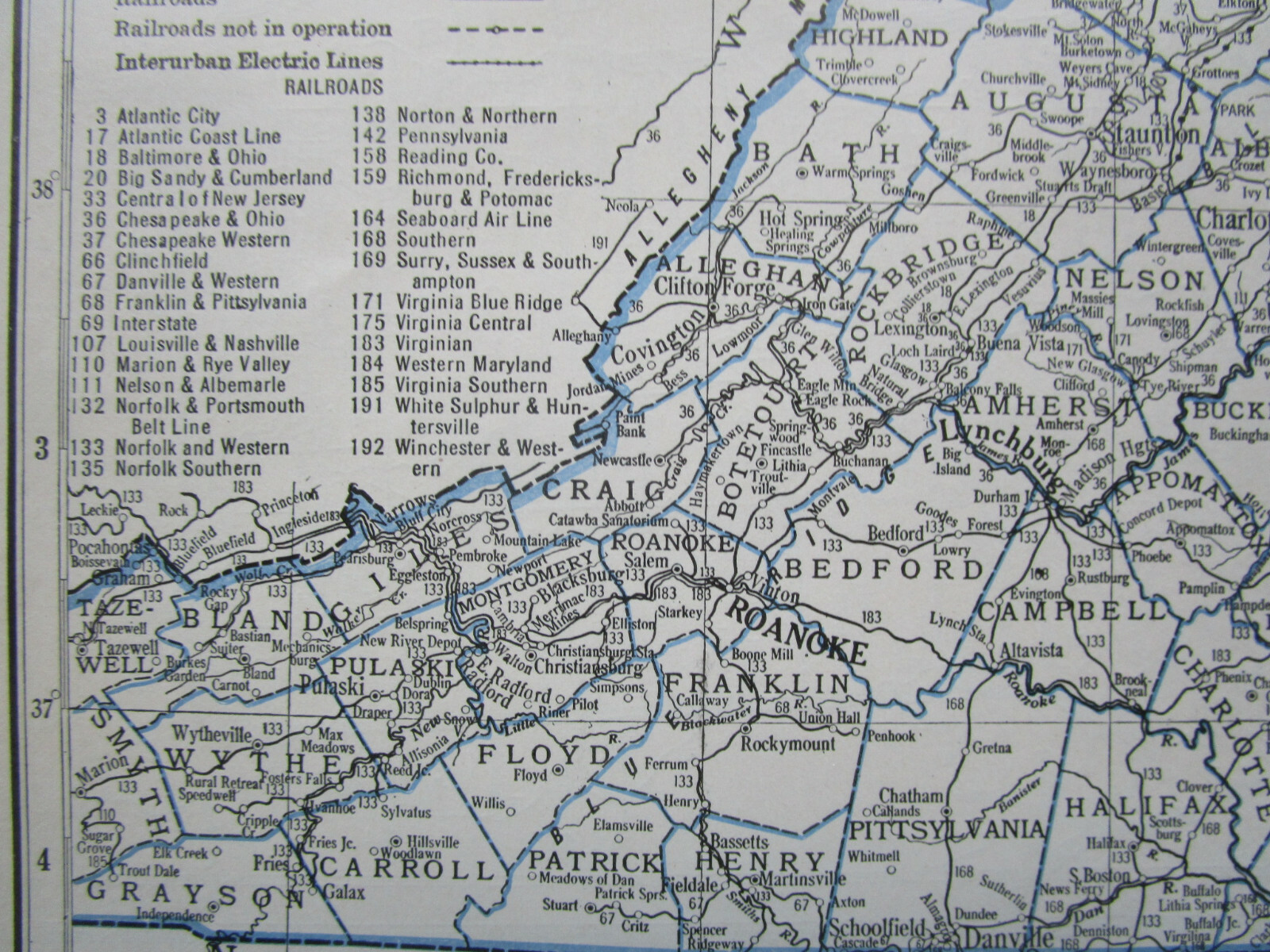 VA VT 1933 VIRGINIA RAILROAD Map WHITE SULPHUR & HUNTERSVILLE RR ~or~ VERMONT