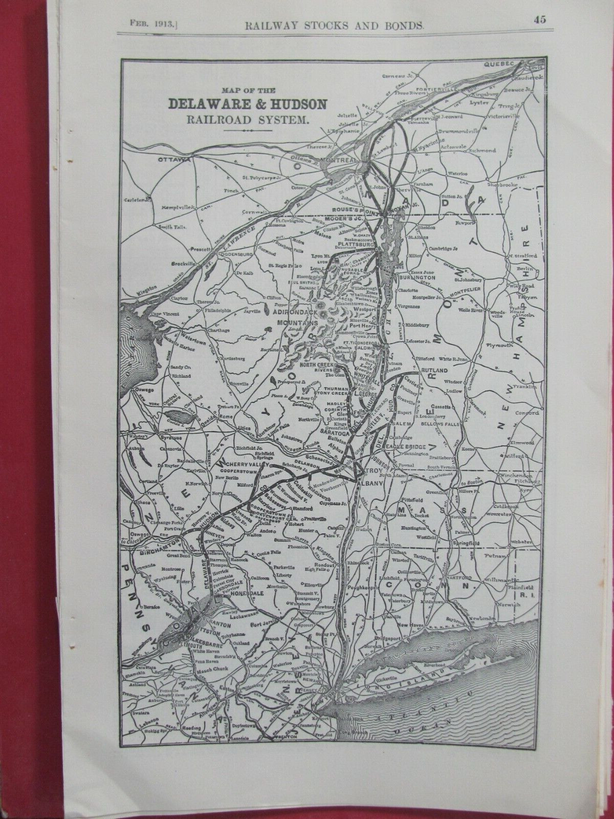 1913 DELAWARE & HUDSON RAILROAD SYSTEM MAP ROUTES STATIONS D&H RR HISTORY