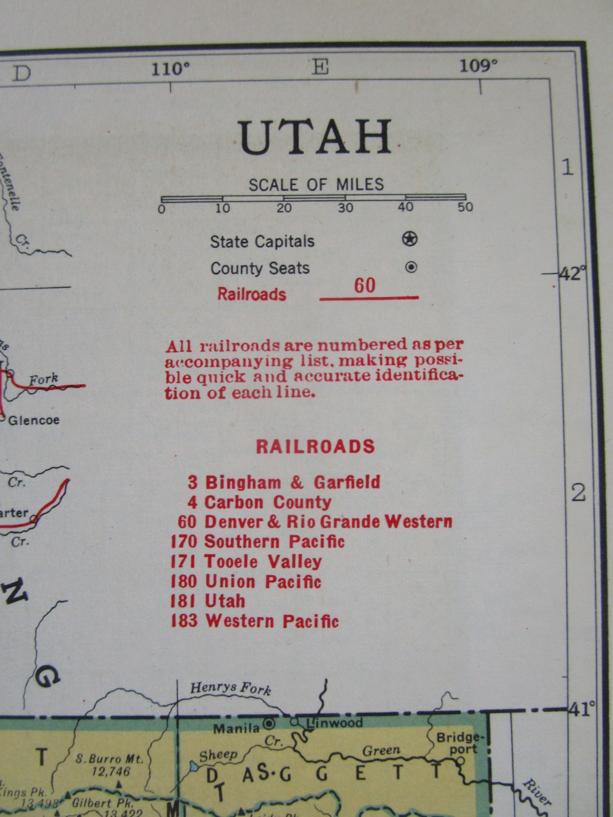 TX UT 1949 TEXAS RAILROAD Map NACOGDOCHES S’EASTRN RR or UTAH 1940s Post WWII