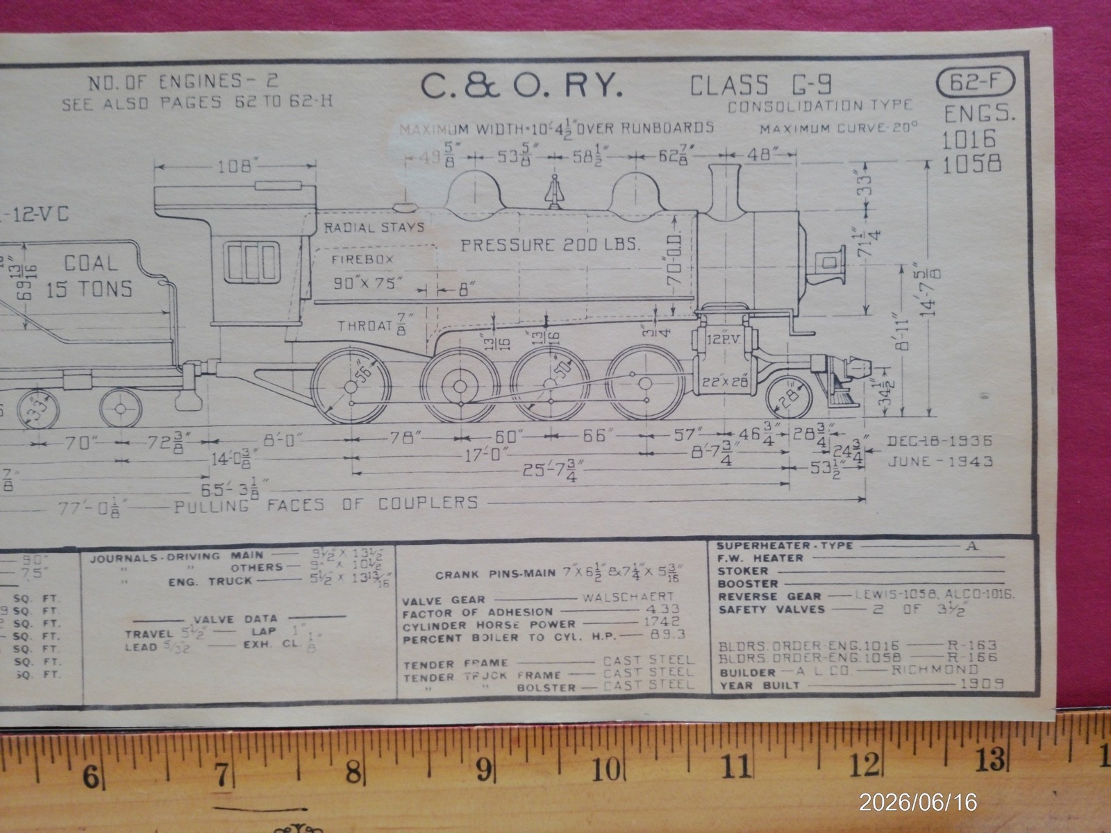 CHESAPEAKE & OHIO RAILROAD ORIG PRINTED DIAGRAM CLASS G-9 LOCOMOTIVE #1016 #1058
