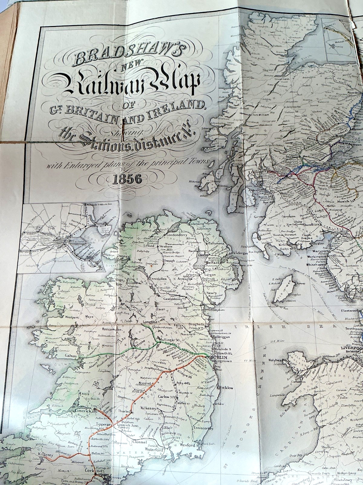 1856 Bradshaws Antique Folding Railway Map Great Britain W.J. Adams London