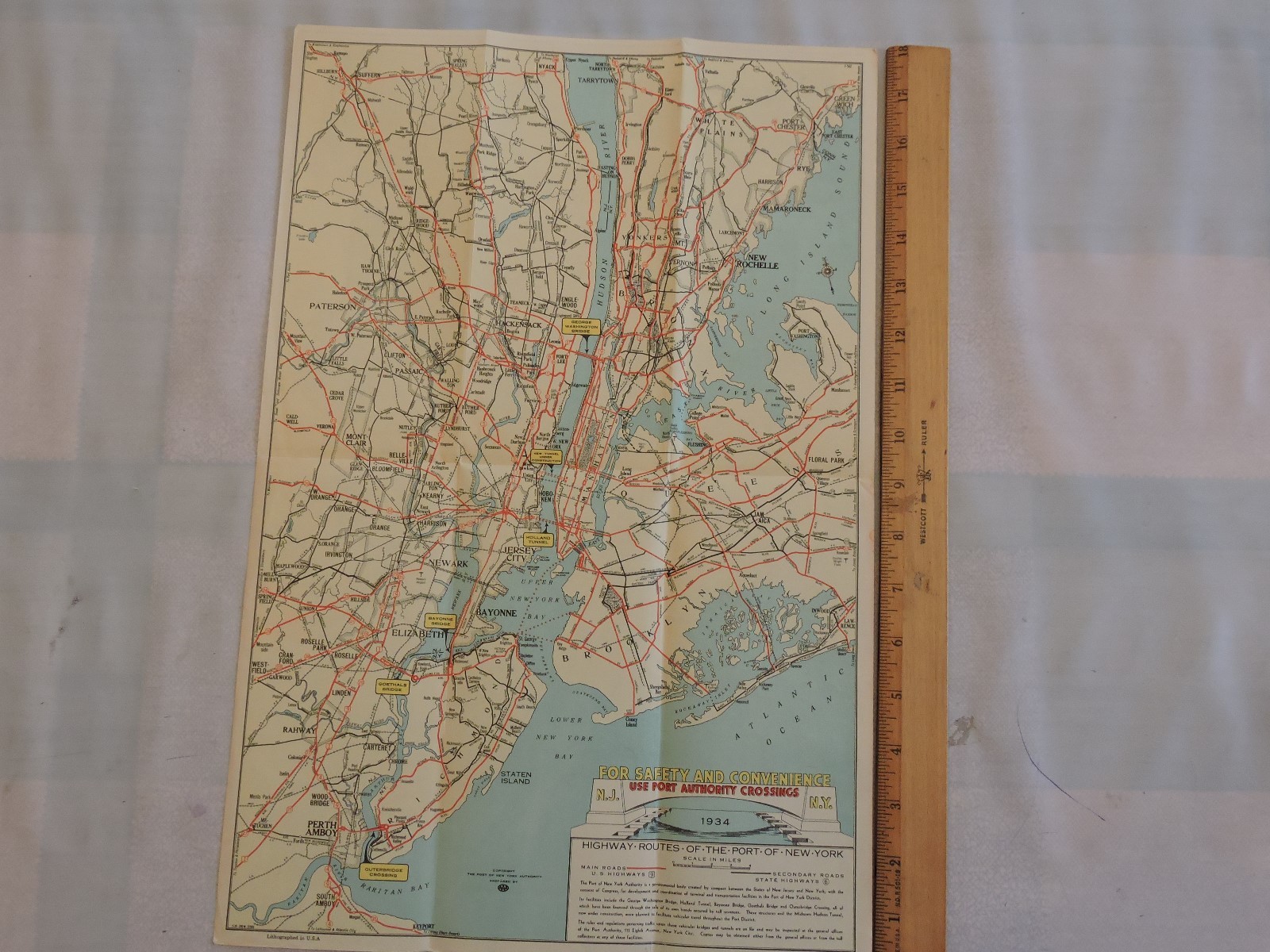 Rare 1934 12×18 New York City Map Port Authority Bridge Tunnel Roads Brochure