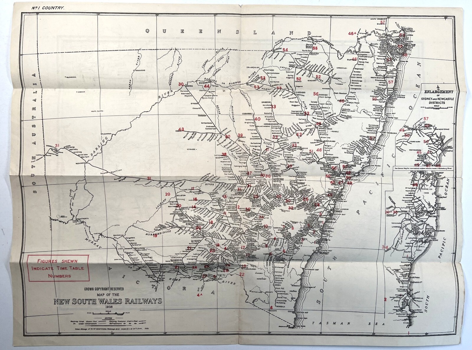 RAILWAY SYSTEM OF AUSTRALIA 1938 MAP +NEW SOUTH WALES RAILROADS SYDNEY NEWCASTLE