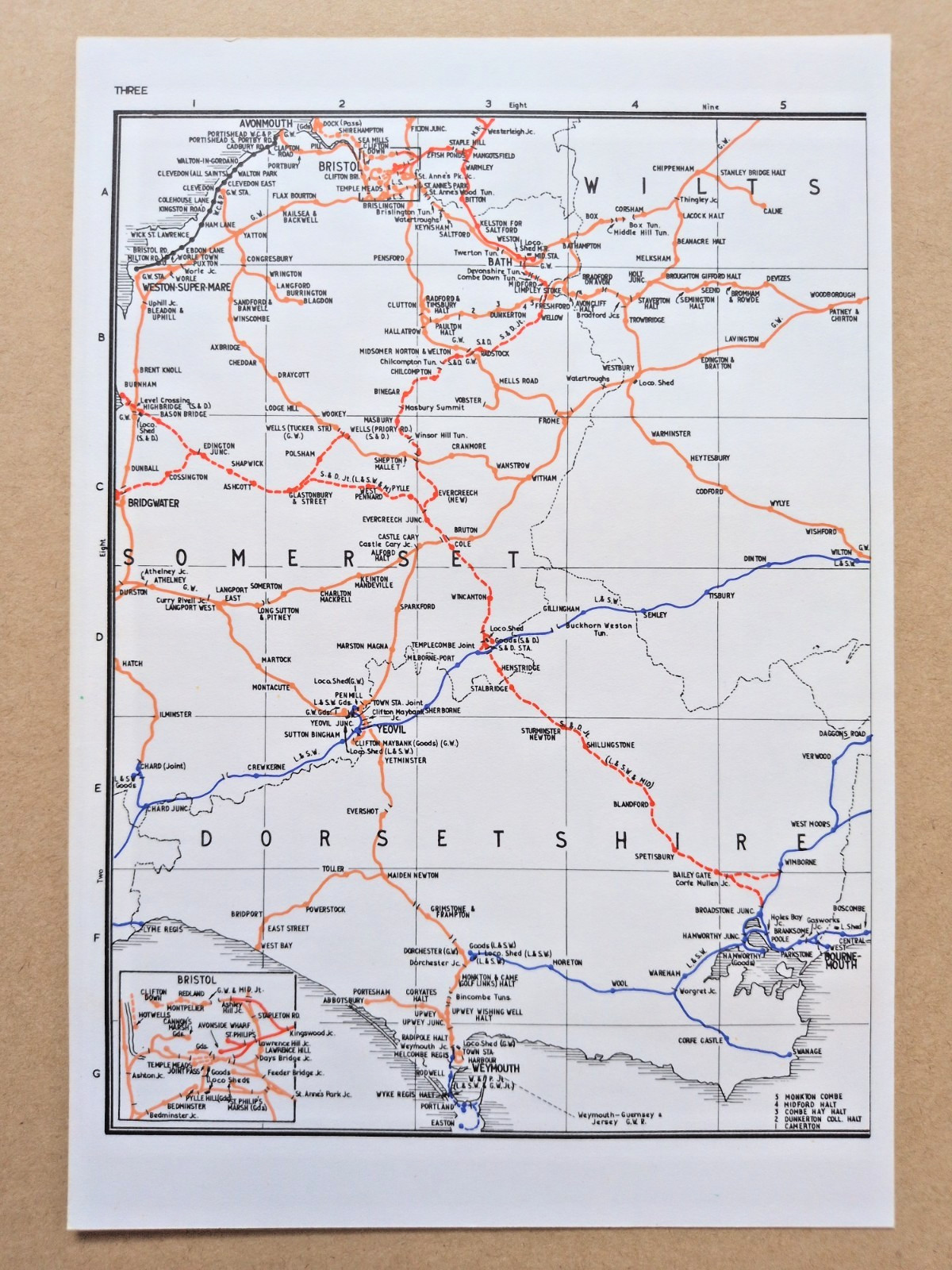 Vintage 1972 map showing Pre Grouping Rail Lines of Dorset and Somerset