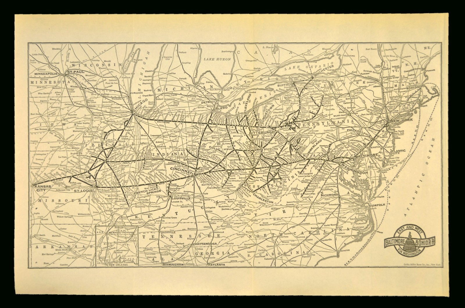 Vintage B & O Railroad Map Baltimore and Ohio RR ca 1940 Original East West