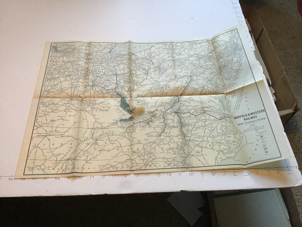 vintage railroad map: 18×26″ NORFOLK & WESTERN Railway dec 1908