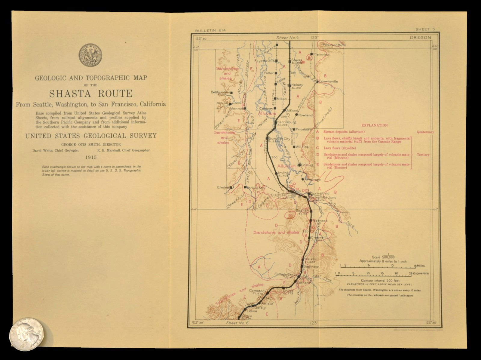 1915 Southern Pacific Railroad Map Eugene Oregon Cottage Grove OR Shasta Route