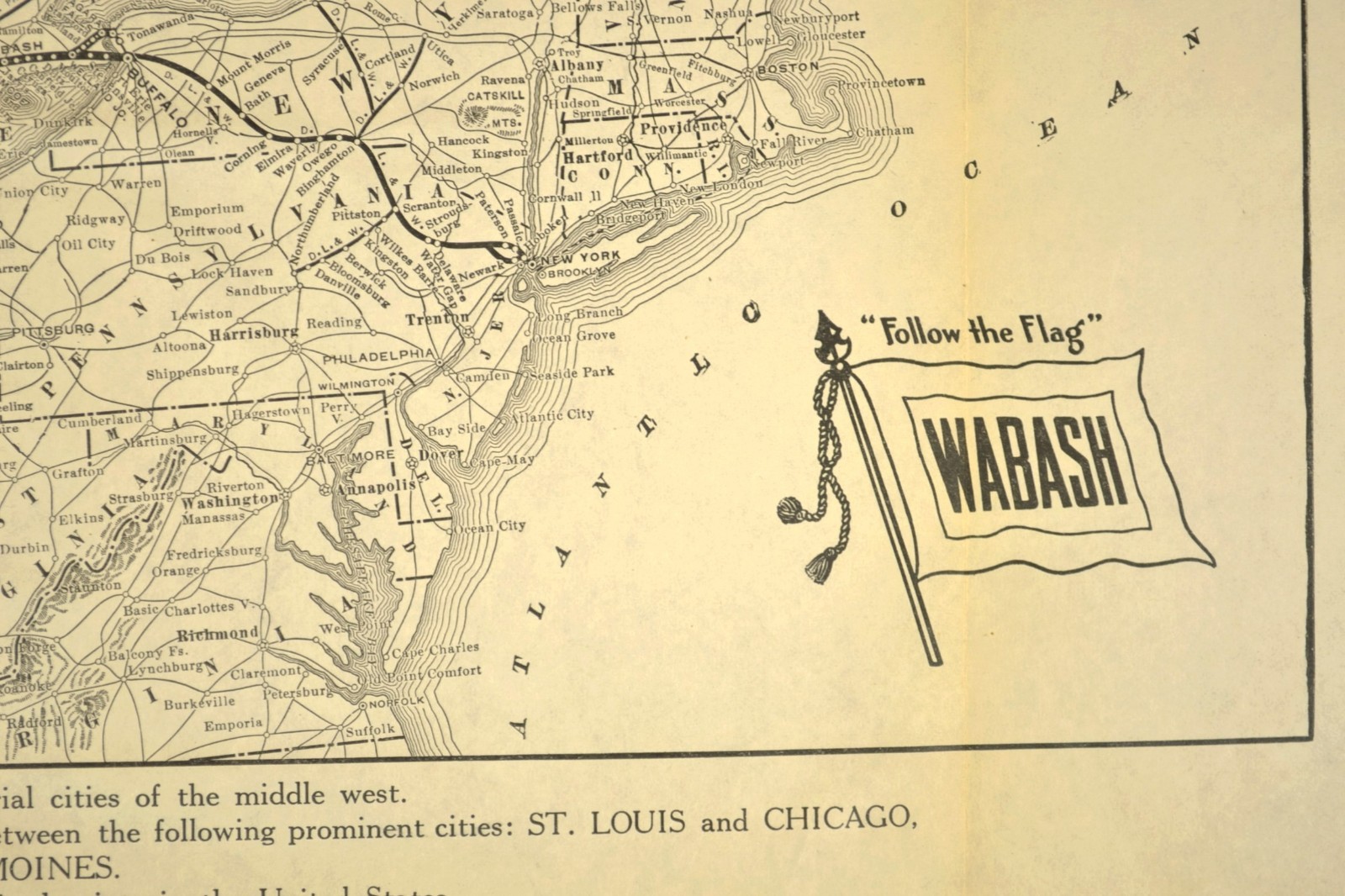 ca 1925 WABASH Railroad Map of the WAB Railway Omaha Des Moines Buffalo Chicago
