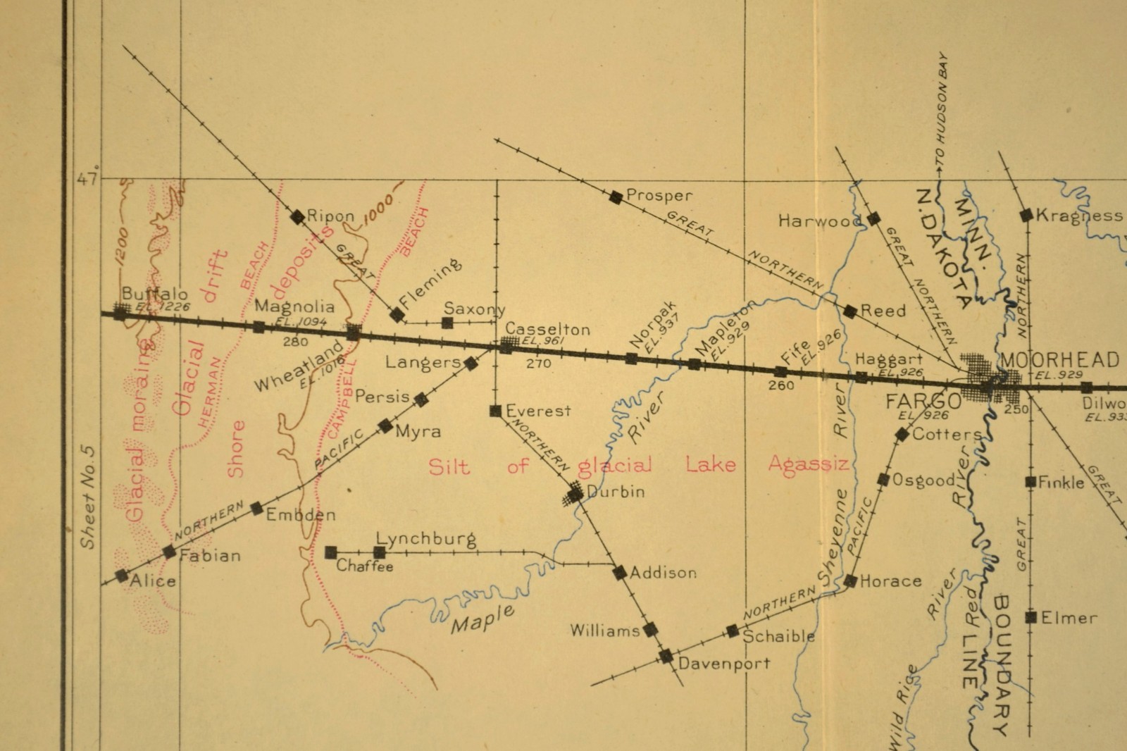 1915 Antique Northern Pacific Railroad Map Fargo North Dakota Moorhead Minnesota