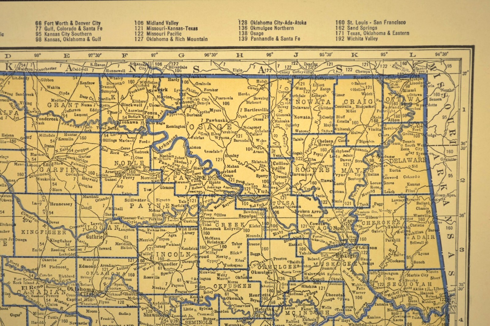 ca1938 OKLAHOMA Railroad Map Depot Towns AT&SF RR Historic Original Atlas Map