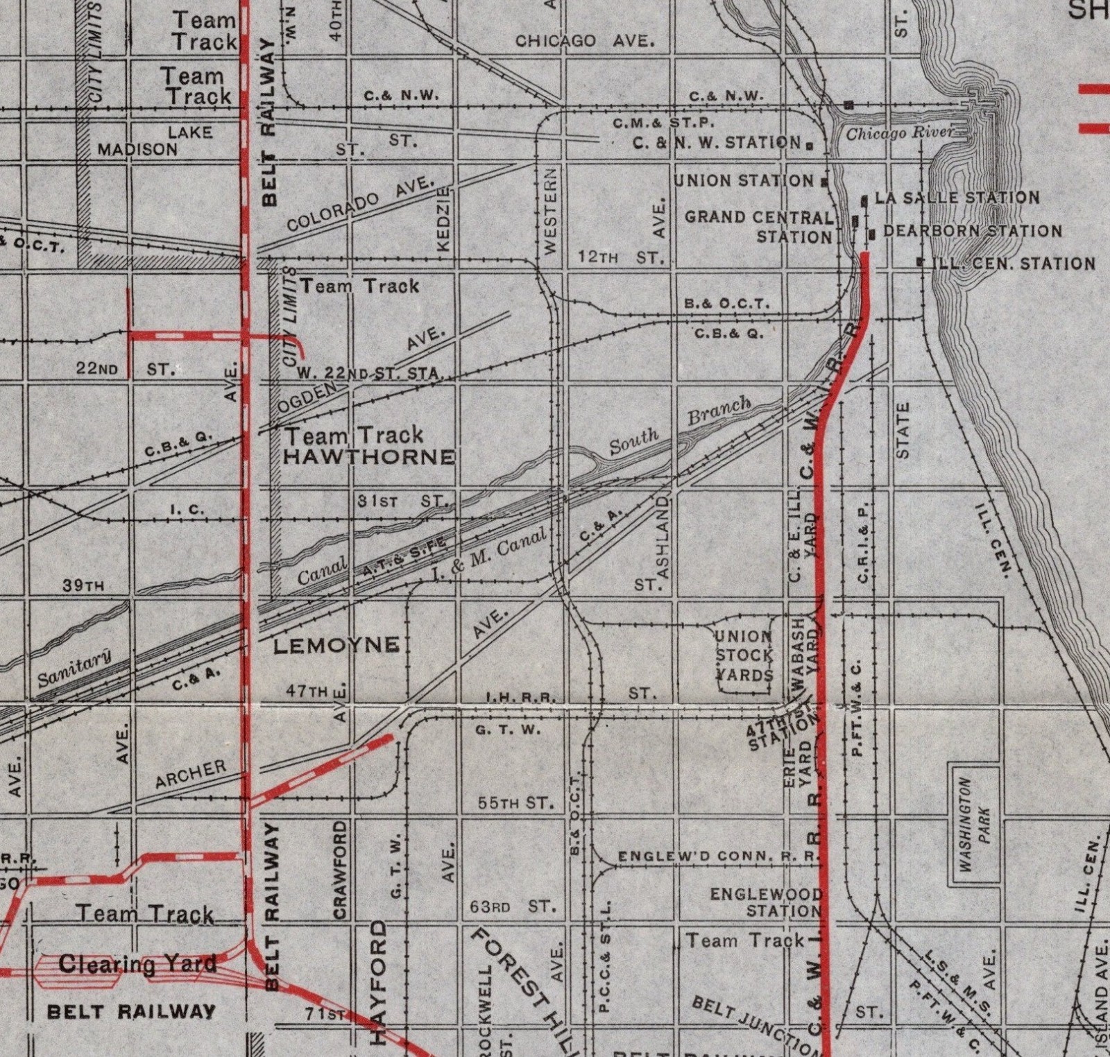 1920 Antique Chicago & Western Indiana Railroad Map Atchison Wabash & More 2938