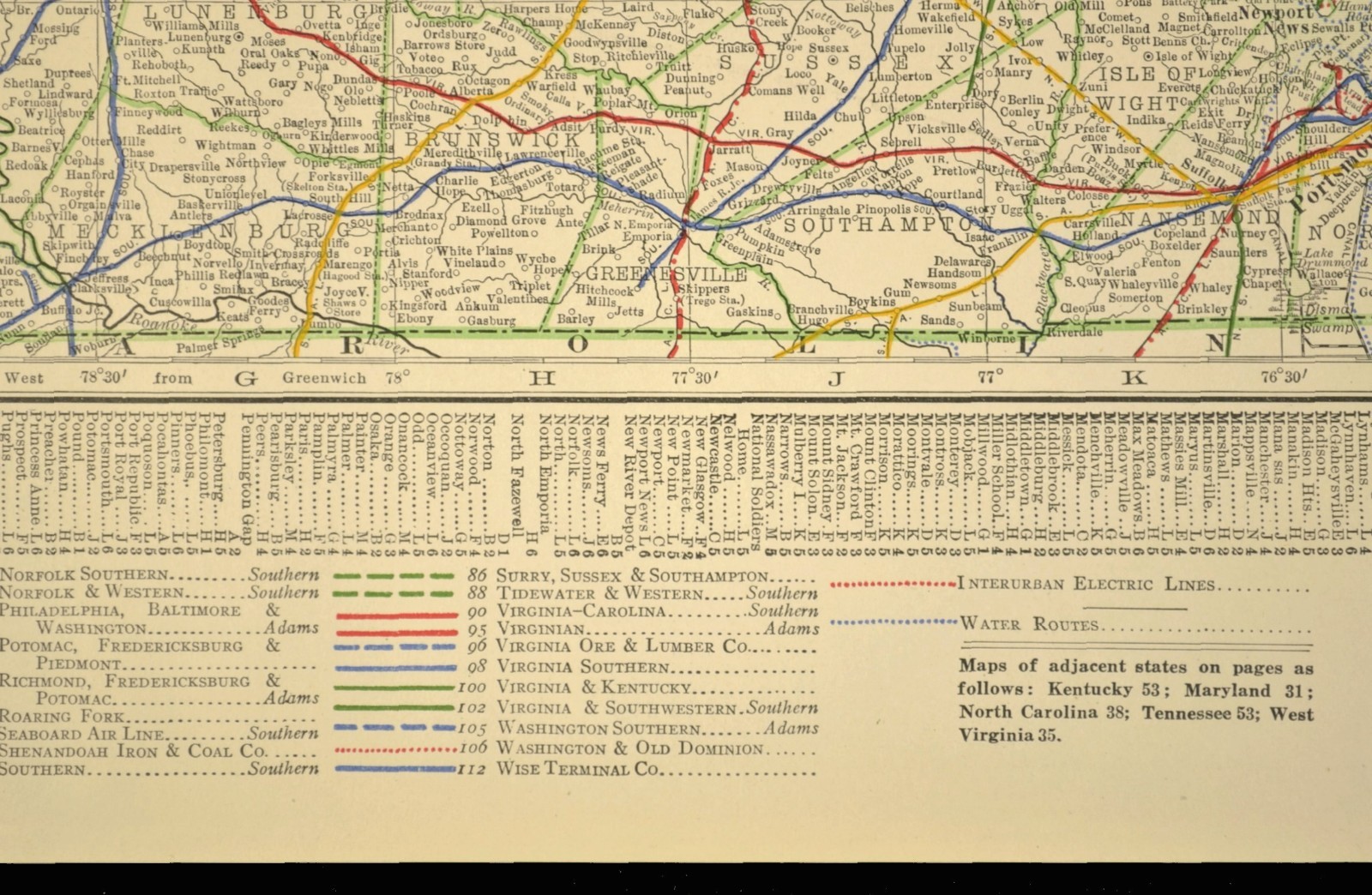 1914 Antique Map of VIRGINIA Railroads Map ORIGINAL Atlas Map VGN Ry DATED
