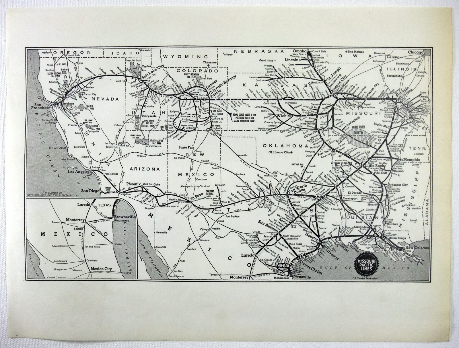Missouri Pacific Railroad – Original 1941 System Map by JW Clement Co. Antique