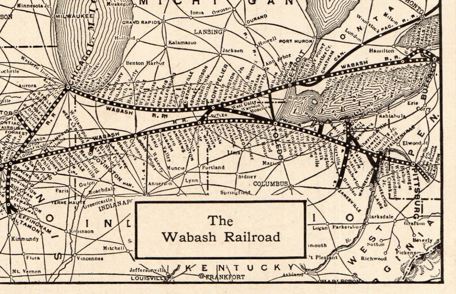 1914 Antique WABASH RAILROAD Map Vintage Wabash Railway Map 8584