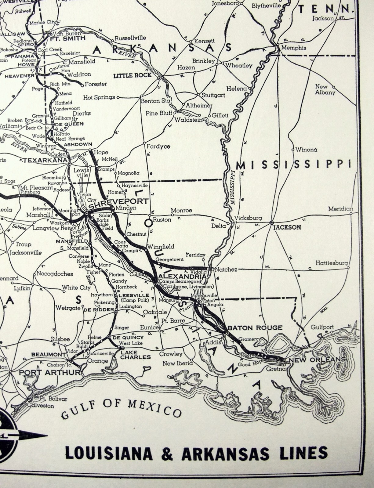 Louisiana & Arkansas Lines – Original 1941 Railroad System Map. Vintage Railway