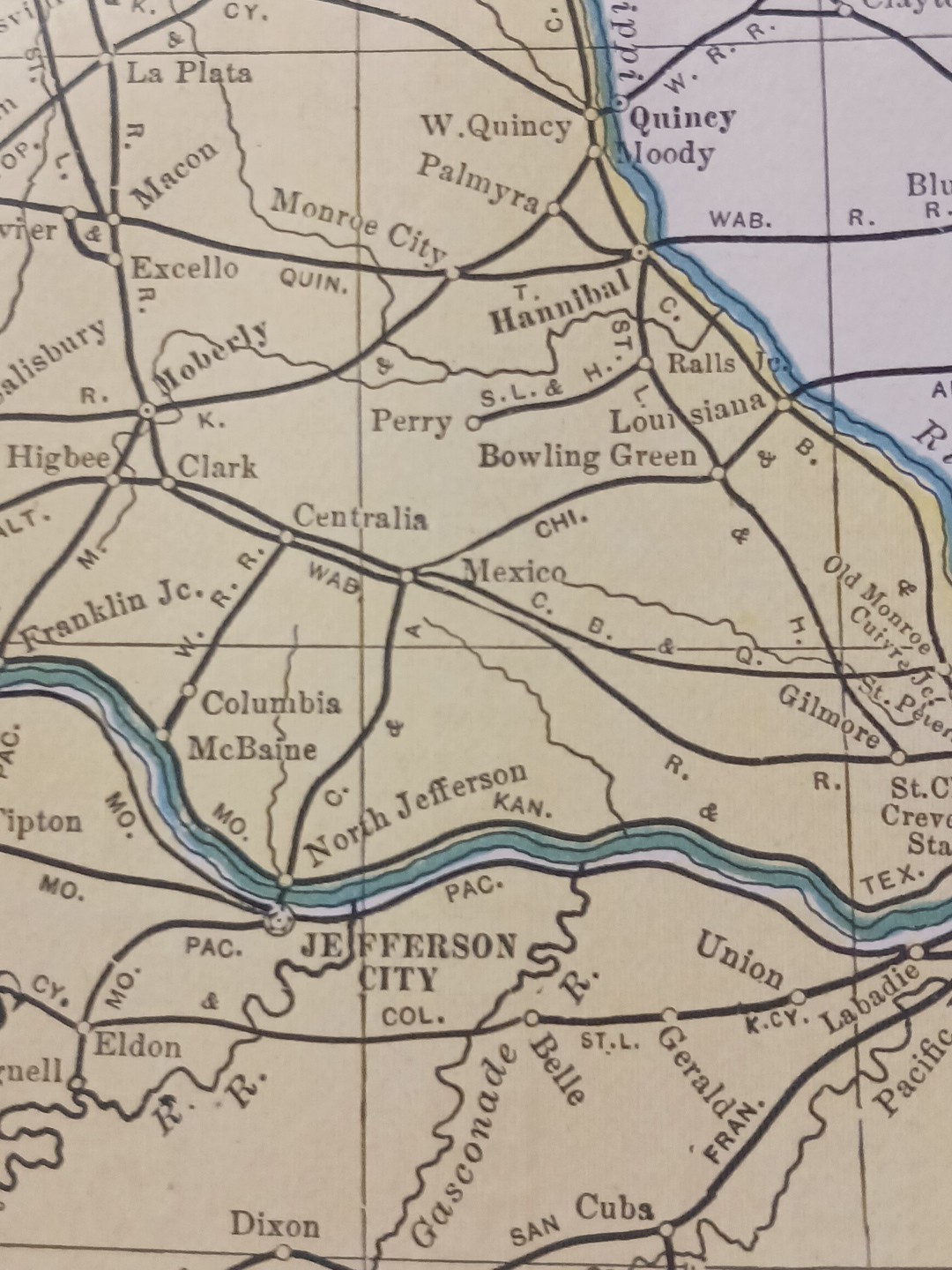 1905 Train Route Map IOWA & MISSOURI all Railroad Lines marked 11″x9″ Stations
