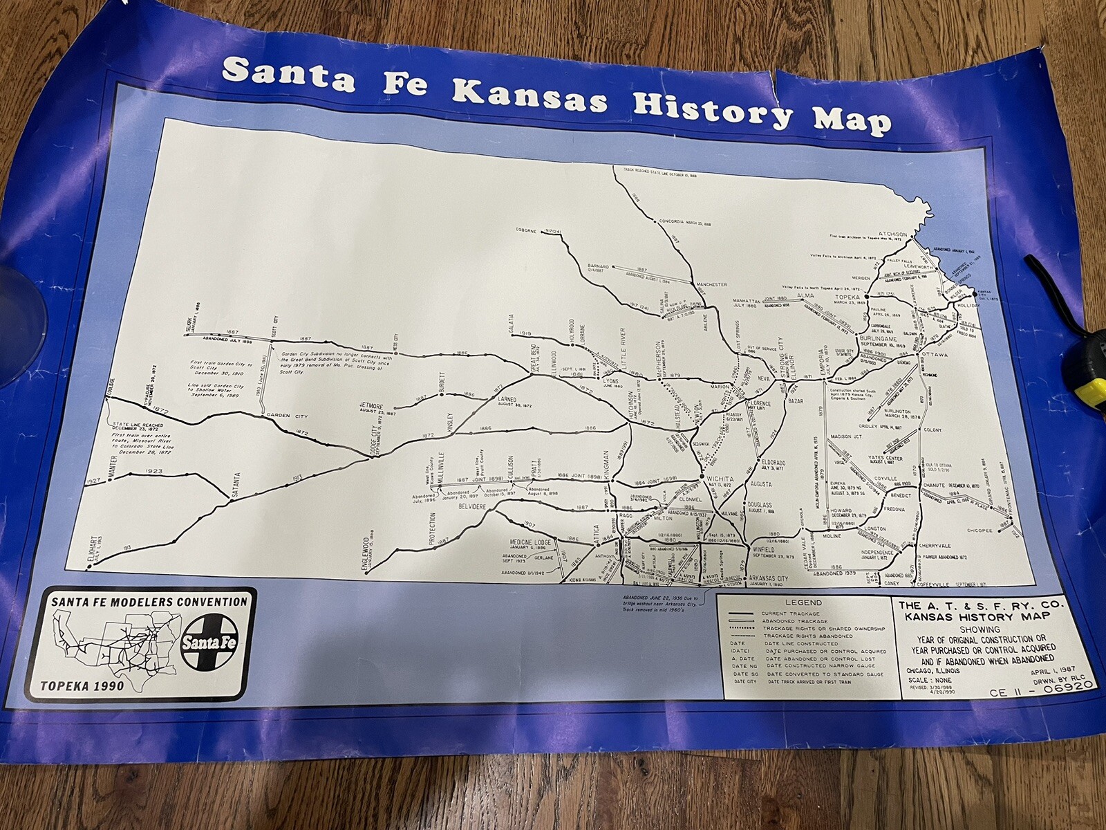 Vintage 1990 Santa Fe Kansas History Map Poster Train Track Routes NL