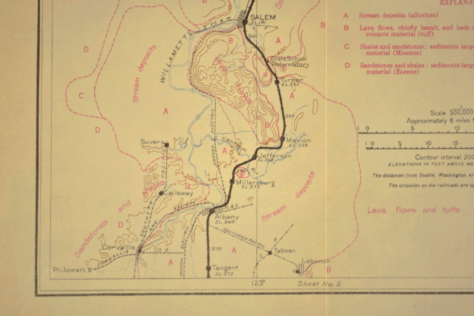 1915 Antique Southern Pacific Railroad Map Salem Oregon City Woodburn Geological