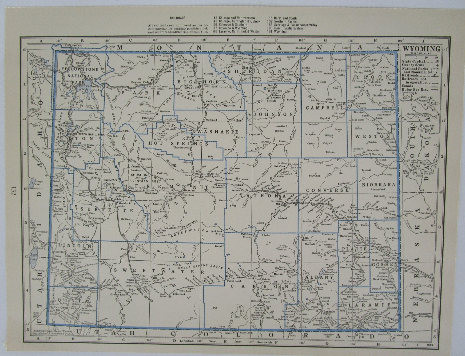 WY 1931 WYOMING RAILROAD Map. LARAMIE, NORTH PARK & WESTERN RR