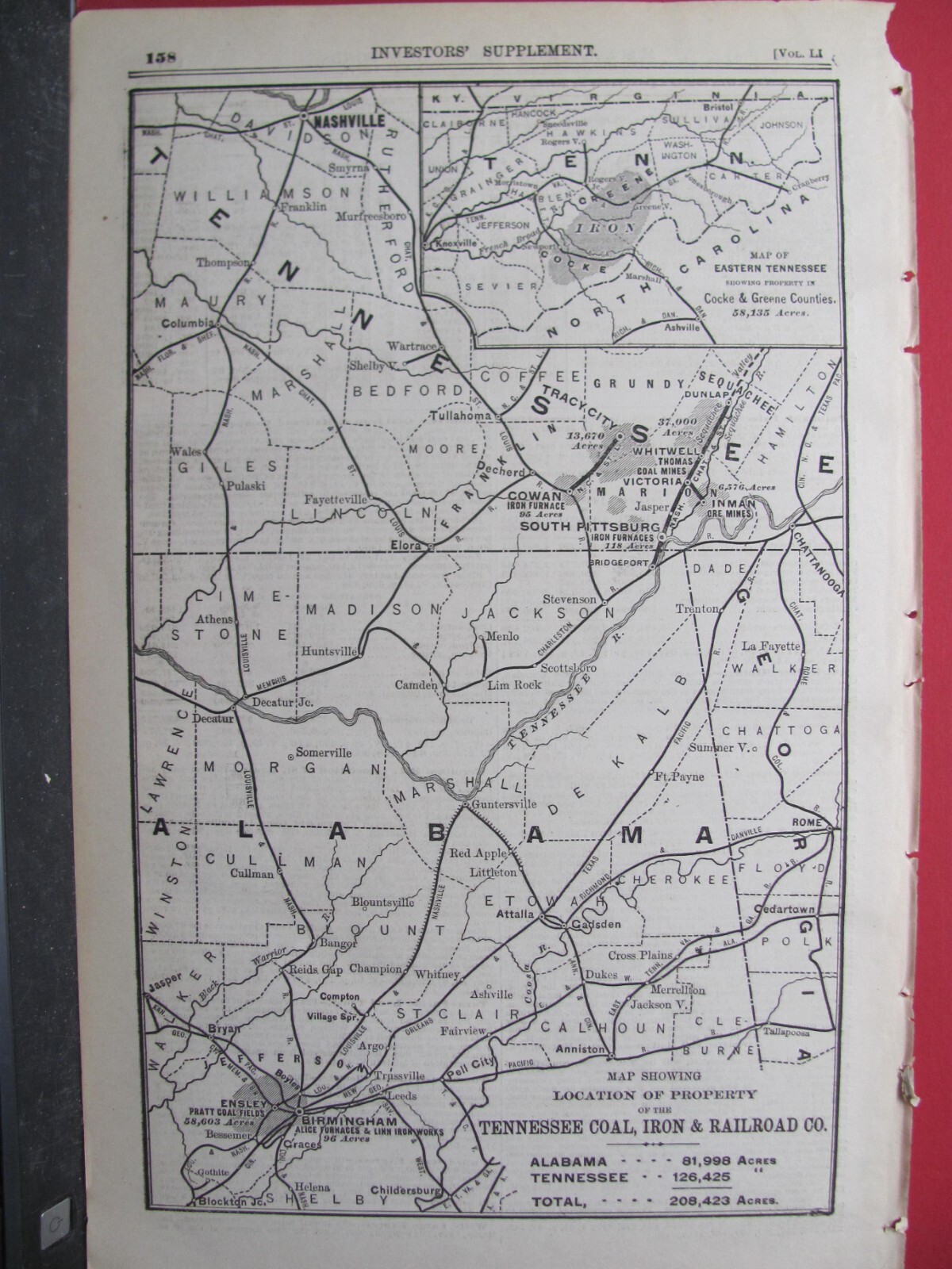 1890 NOV TENNESSEE COAL & IRON COMPANY RAILROAD SYSTEM MAP ORIGINAL ANTIQUE