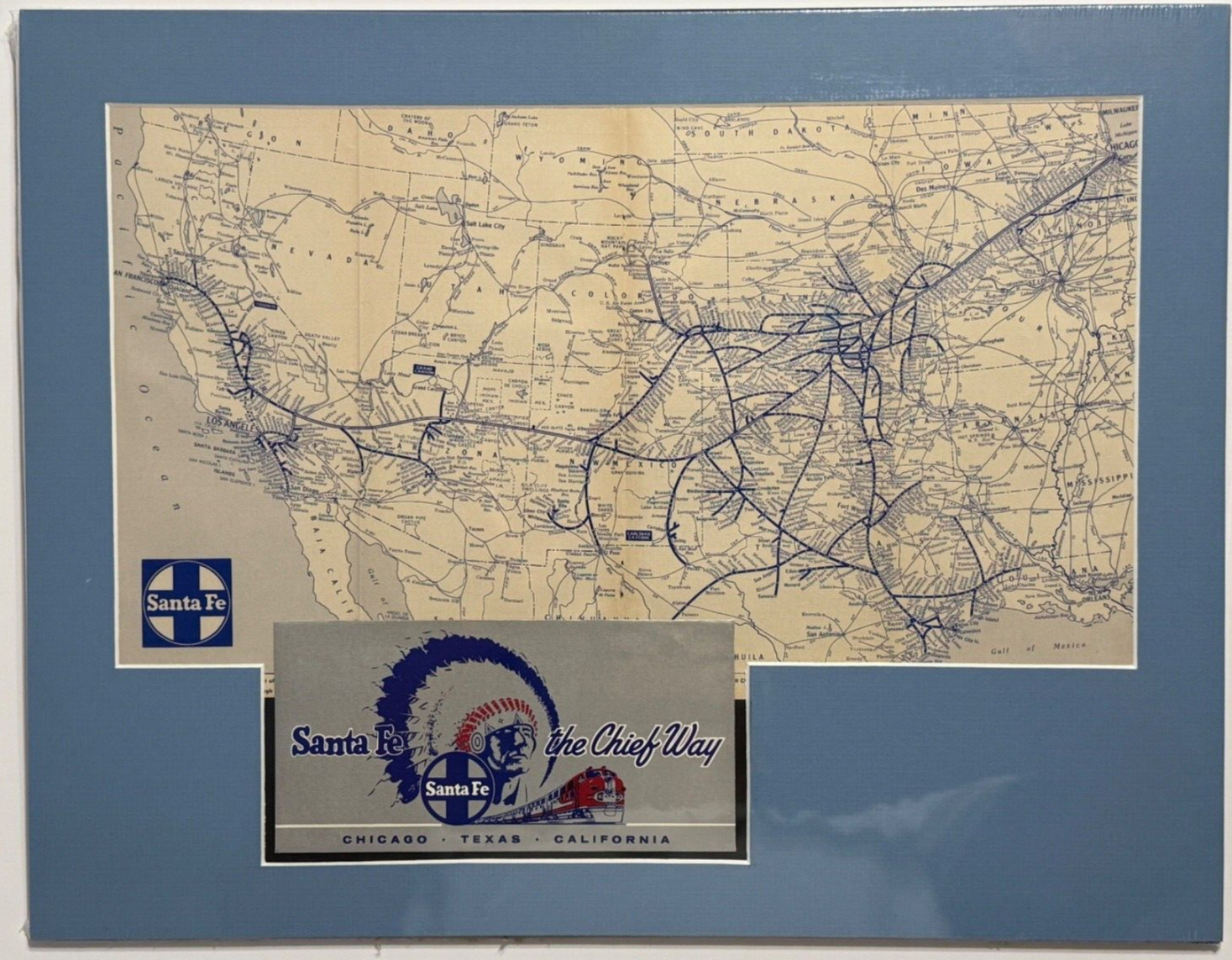 Atchison Topeka & Santa Fe Railroad Memorabilia-Matted 18″x14″ ready to frame