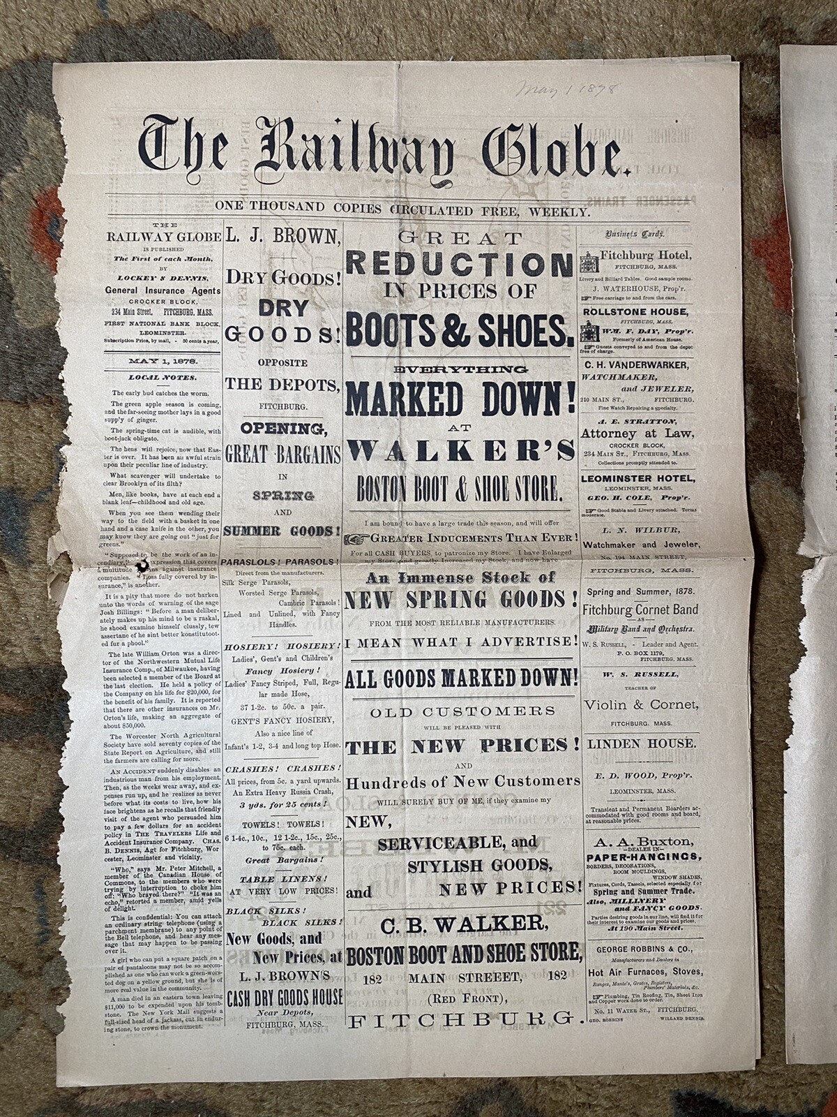 Antique 1878 The Railway Globe Newspapers Lot Fitchburg MA Old 1870’s Train Map