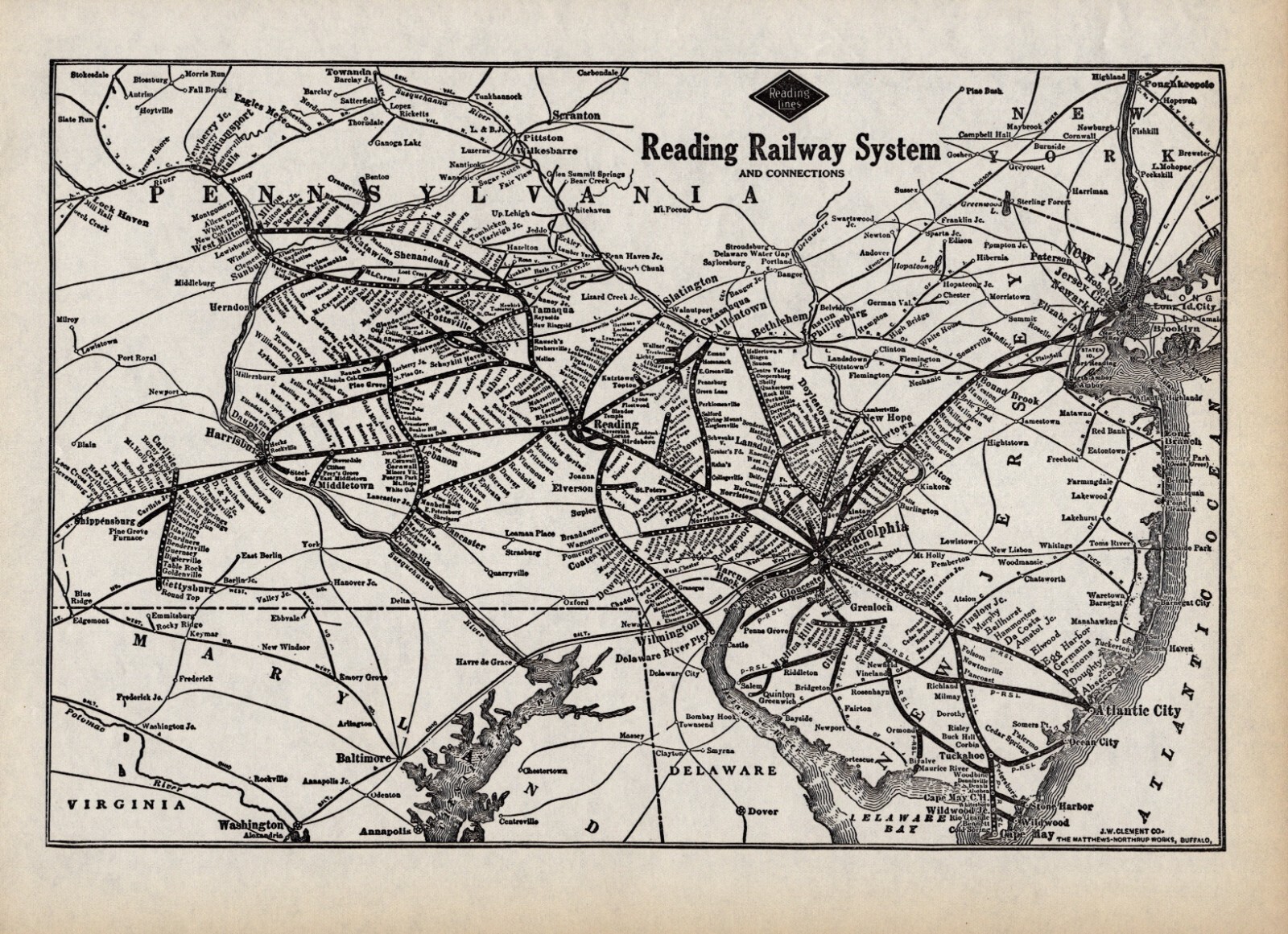 1933 Antique Reading Railway Map Vintage Reading Lines Railroad Map 2208