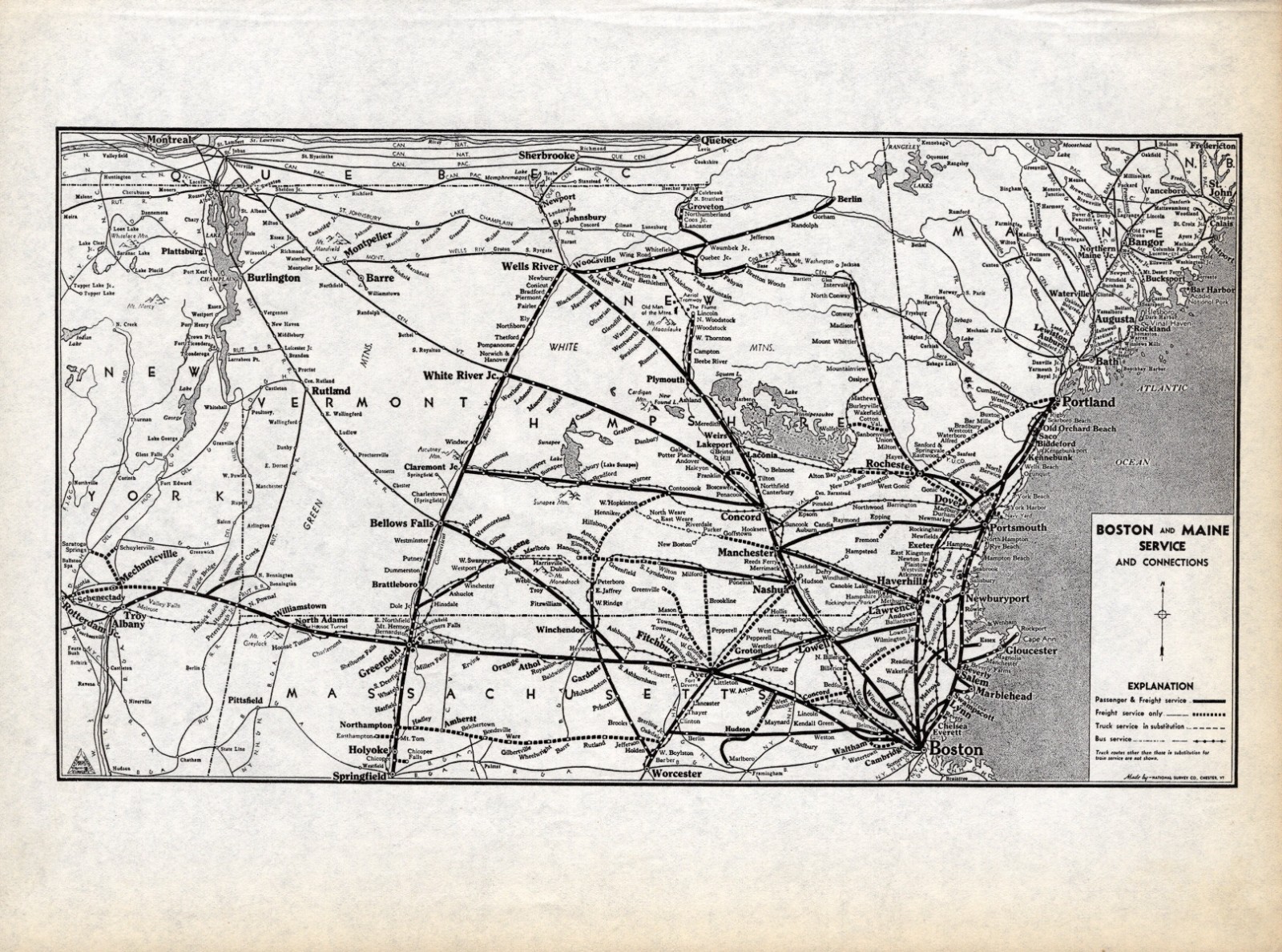 1940 Antique BOSTON and MAINE Railroad Map Vintage Railway Map 3132