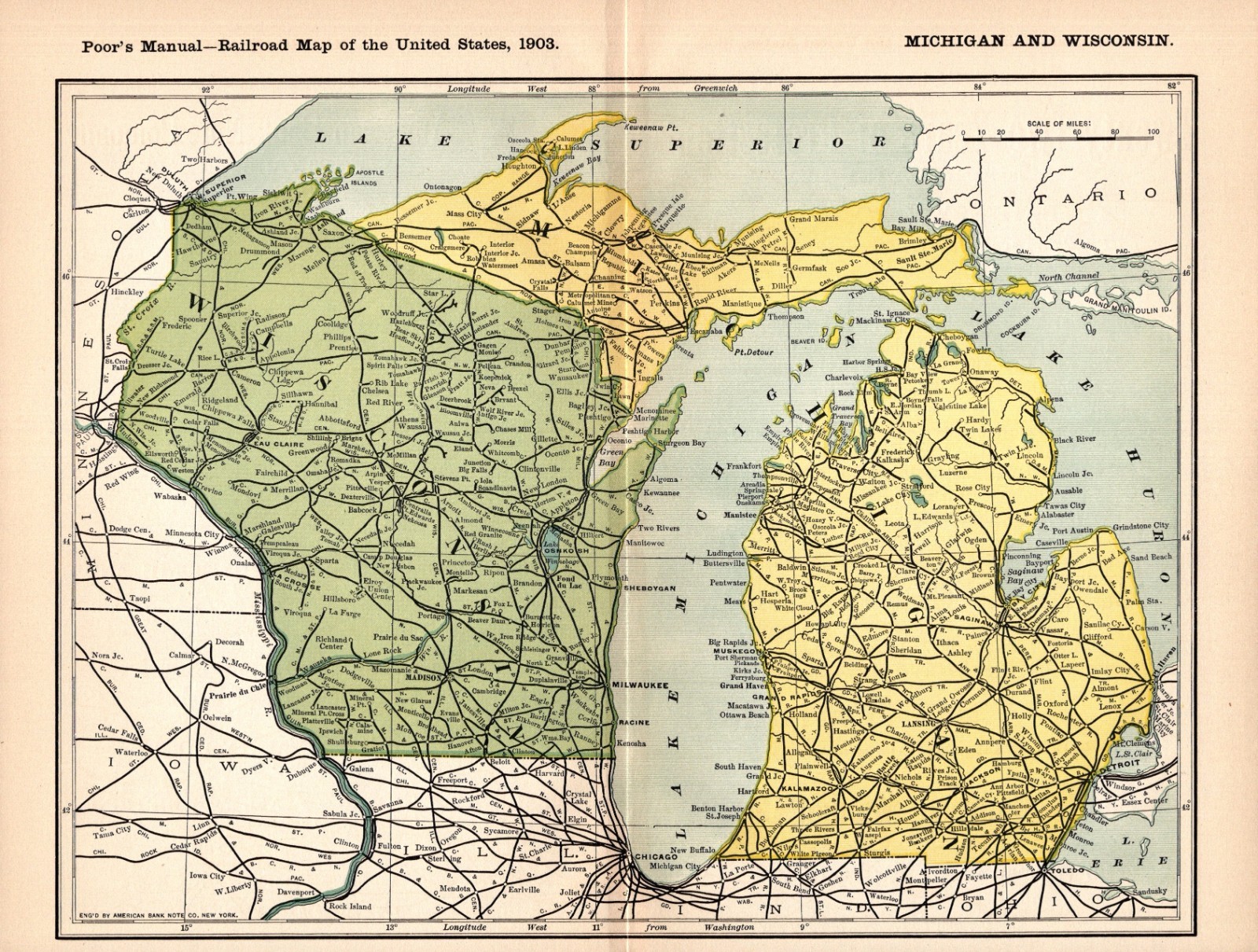 1903 Antique Michigan & Wisconsin Railroad Map Vintage Railway Map 2448