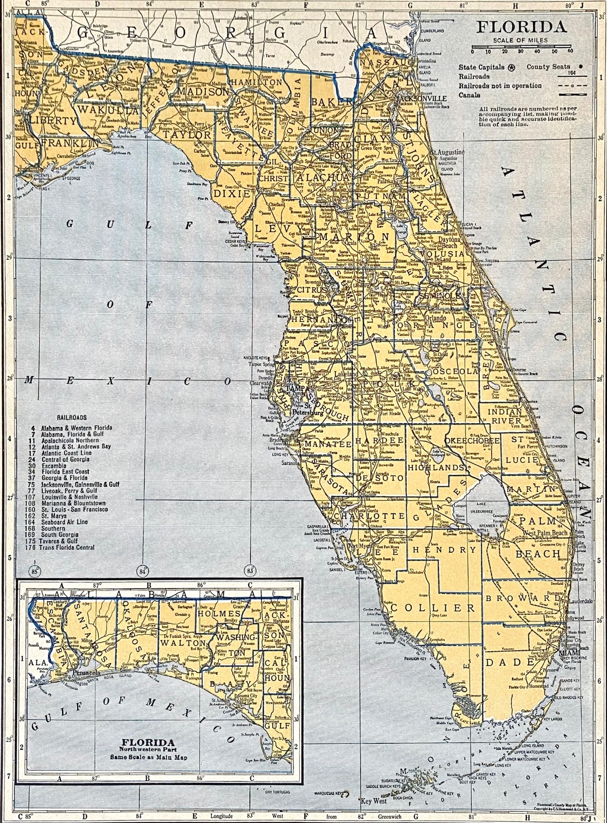 FLORIDA & GEORGIA Original c 1935 County & Railroad Maps. Hammond & Co. 9×12″