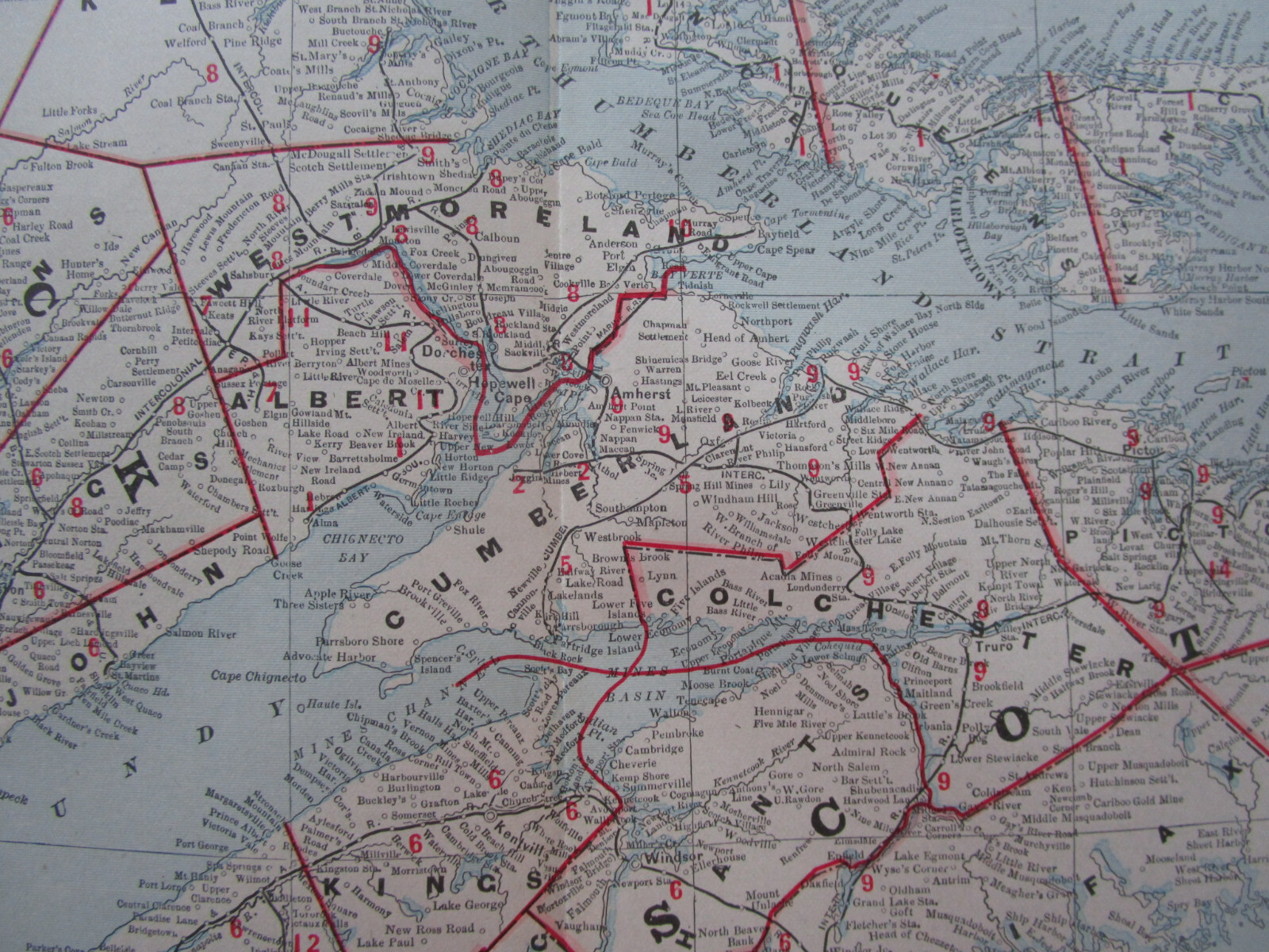1896 NEW BRUNSWICK & NOVA SCOTIA Map. CANADA Cram RAILROAD. MONETON & BUCTOUCHE