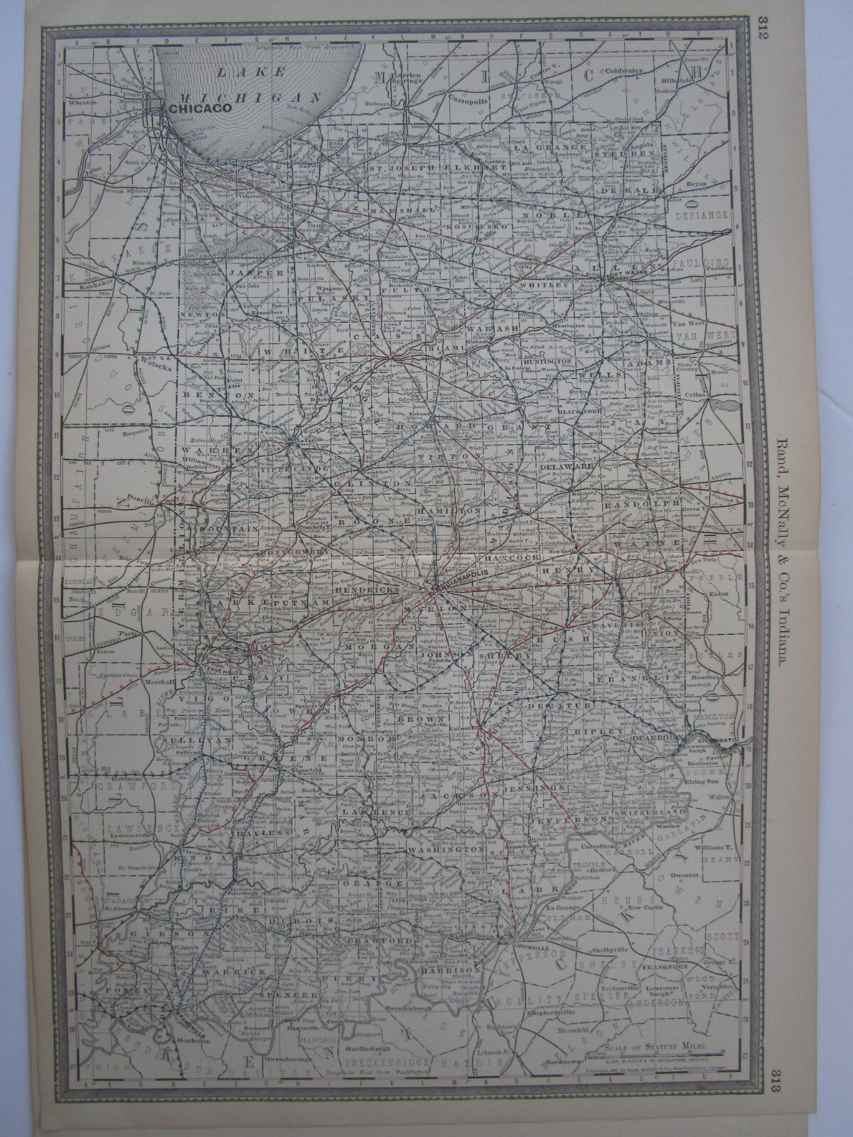IN Antique DATED 1887 INDIANA RAILROAD Map. McNally Business