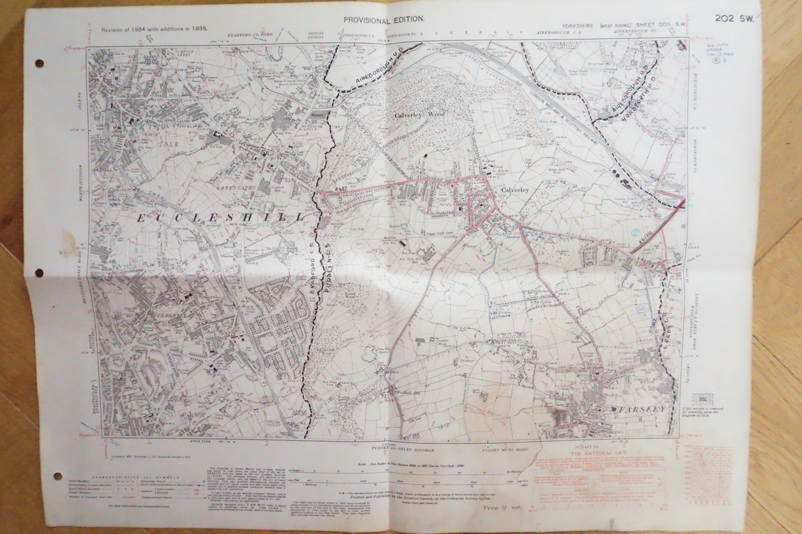 1938 Eccleshill Calverley Farsley Yorkshire LNER Railway OS Linen Map Ref 89**