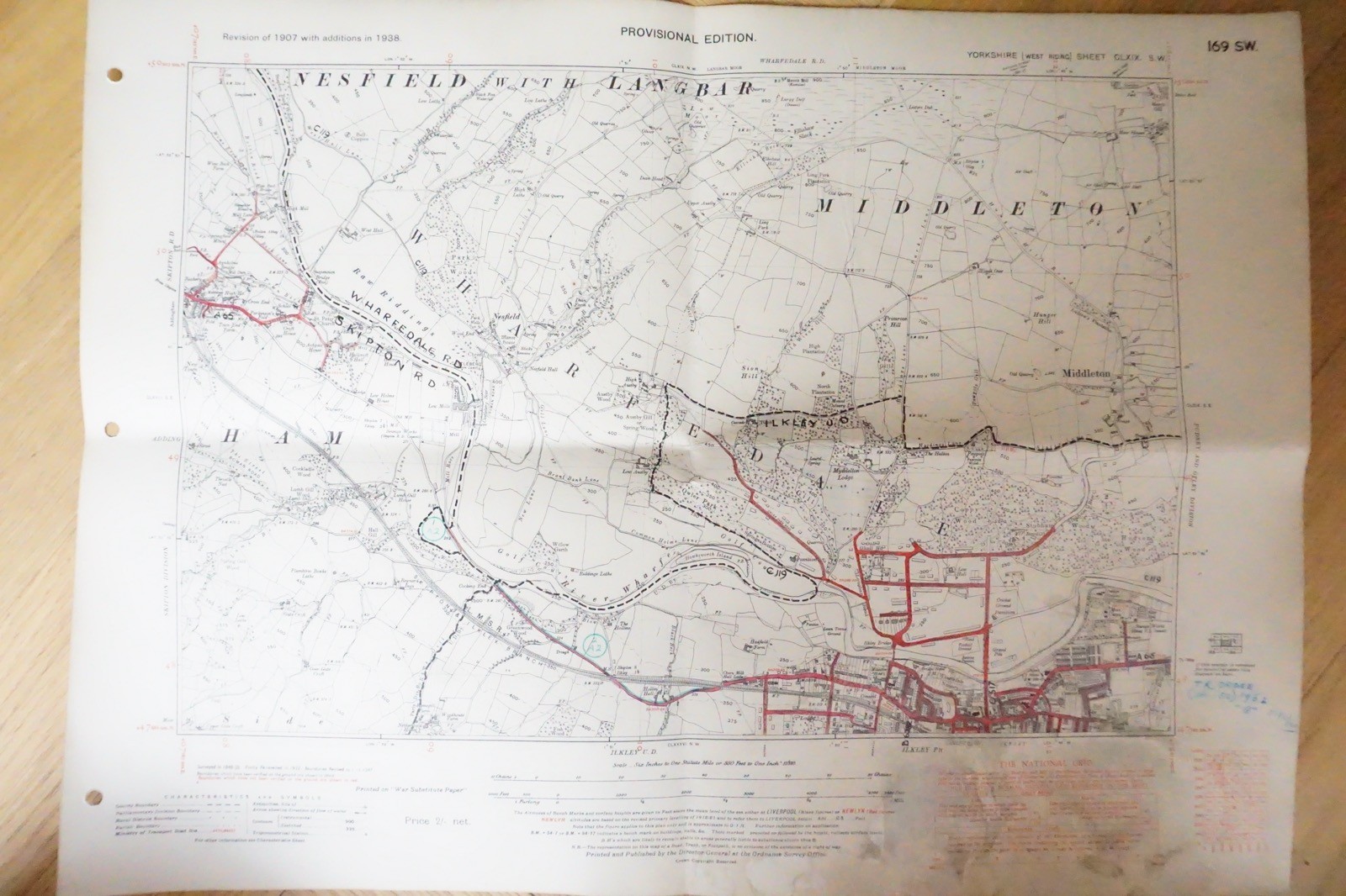 1938 Middleton Wharfedale Yorkshire LMS Railway OS Linen Map Ref 61 **