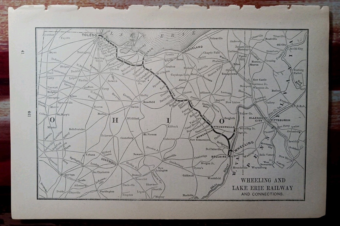 1892 Antique Railroad Map WHEELING & LAKE ERIE RAILWAY all Train Route Lines