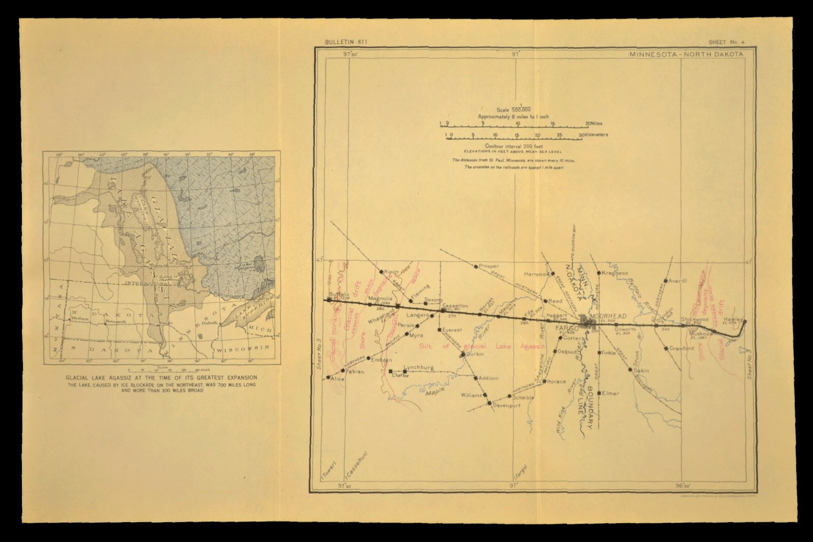 1915 Antique Northern Pacific Railroad Map Fargo North Dakota Moorhead Minnesota