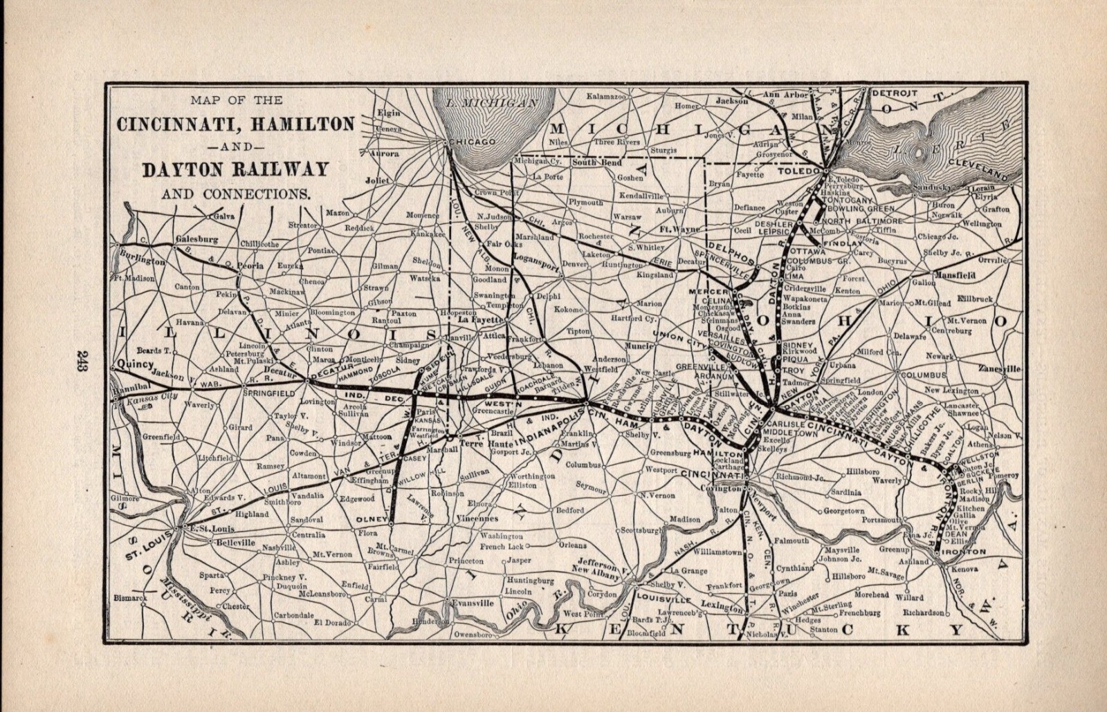 1901 Cincinnati Hamilton & Dayton Railway Map Antique Railroad Map 1377