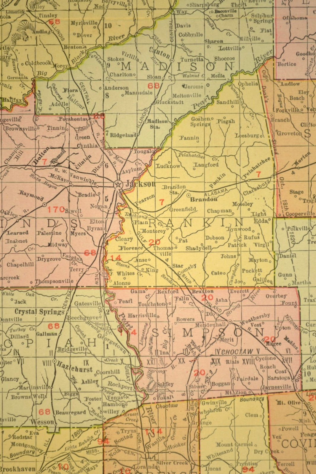 1911 Antique Mississippi Railroad Map ORIGINAL Atlas Map Y&MV RR GSI RR DATED