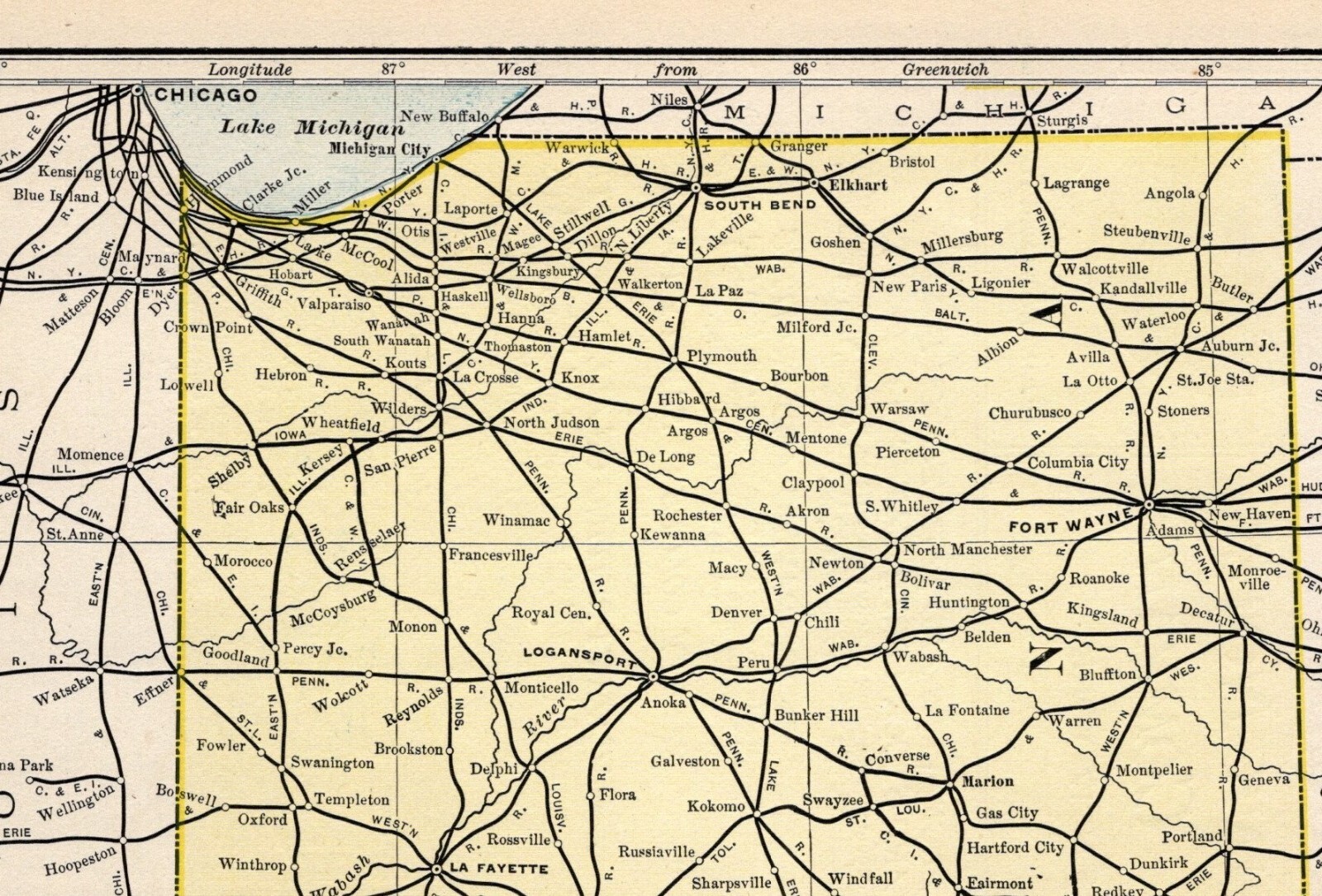 1901 Antique Indiana Railroad Map Wabash Southern L & N Pennsylvania 2012
