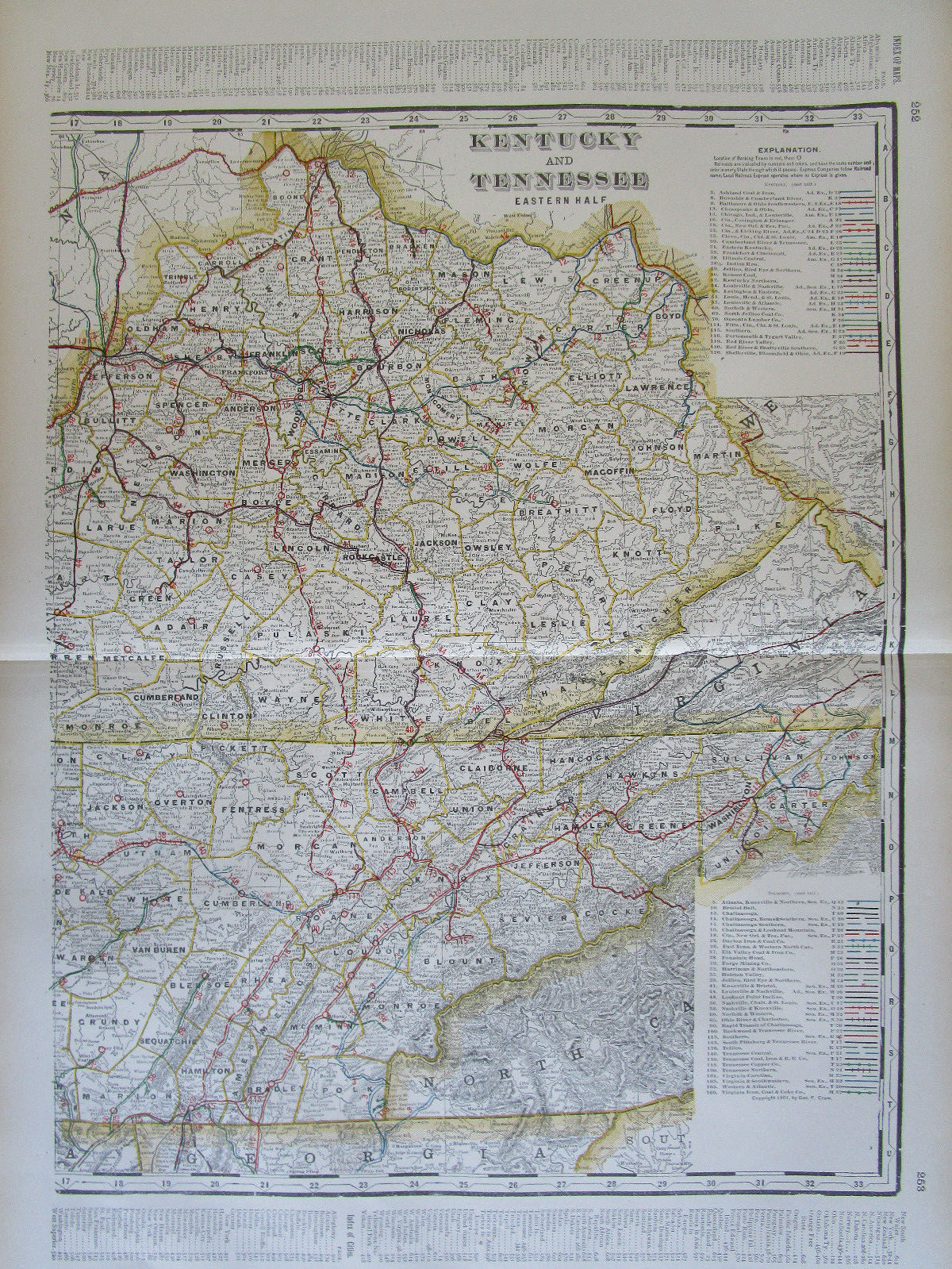 KY TN 1901 EASTERN KENTUCKY & TENNESSEE Cram RAILROAD Map CHATTANOOGA LOOKOUT MT