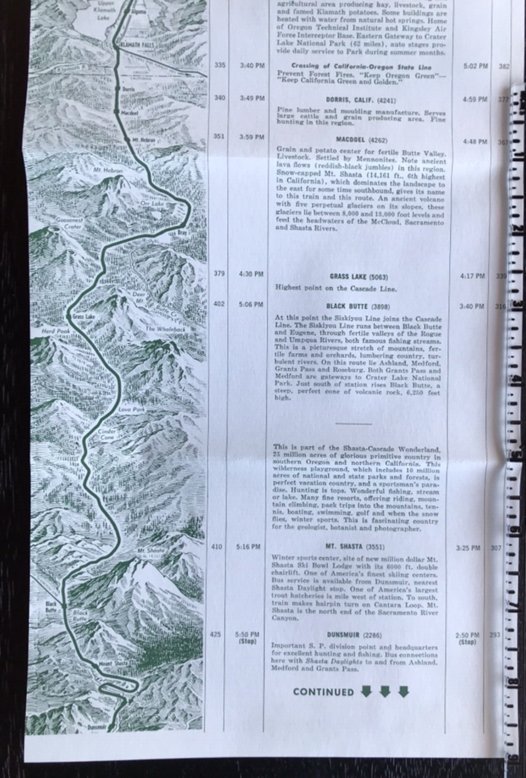 1962 Map Shasta Daylight Trip Southern Pacific RailRoad Portland – SF California