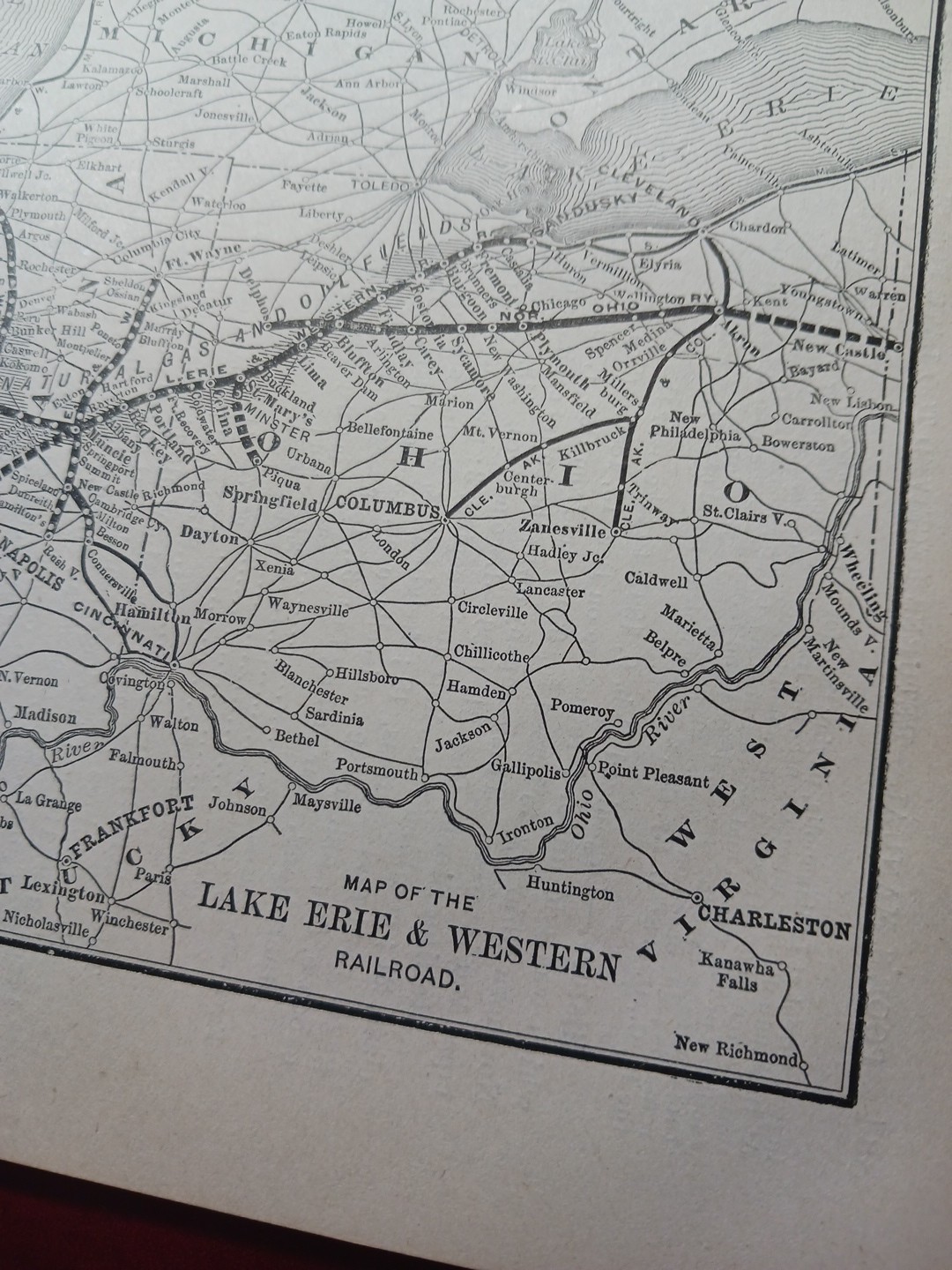 1897 Train Route Map LAKE ERIE & WESTERN RAILROAD with Gas & Oil Fields Marked
