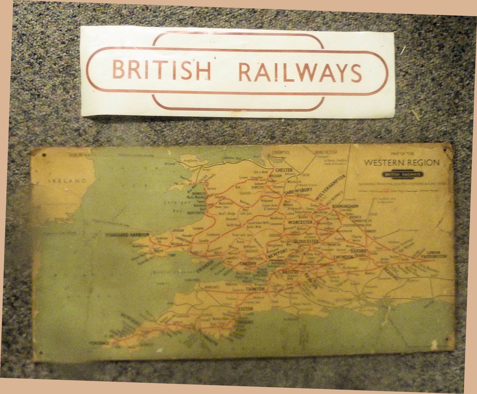 Raiway ephemera – B. R. Totem (stick-on) + Carriage Map of W.R. (on hardboard)