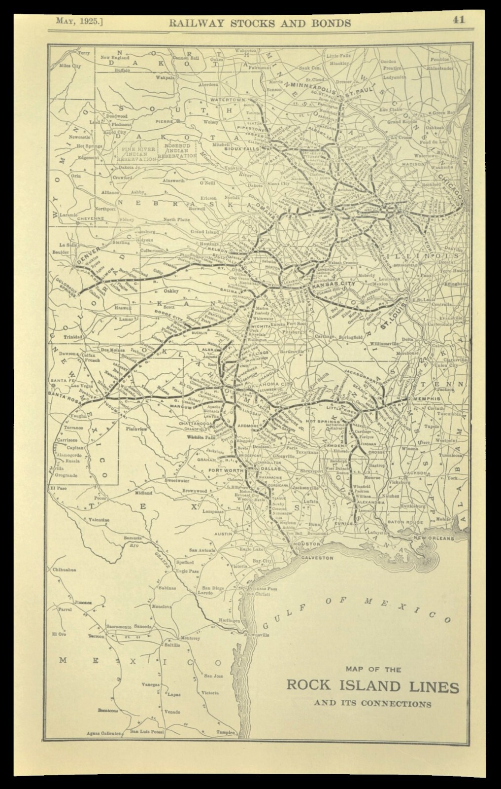 Vintage ROCK ISLAND Railroad Map RI RR Santa Rosa Memphis Eunice Denver ca1925