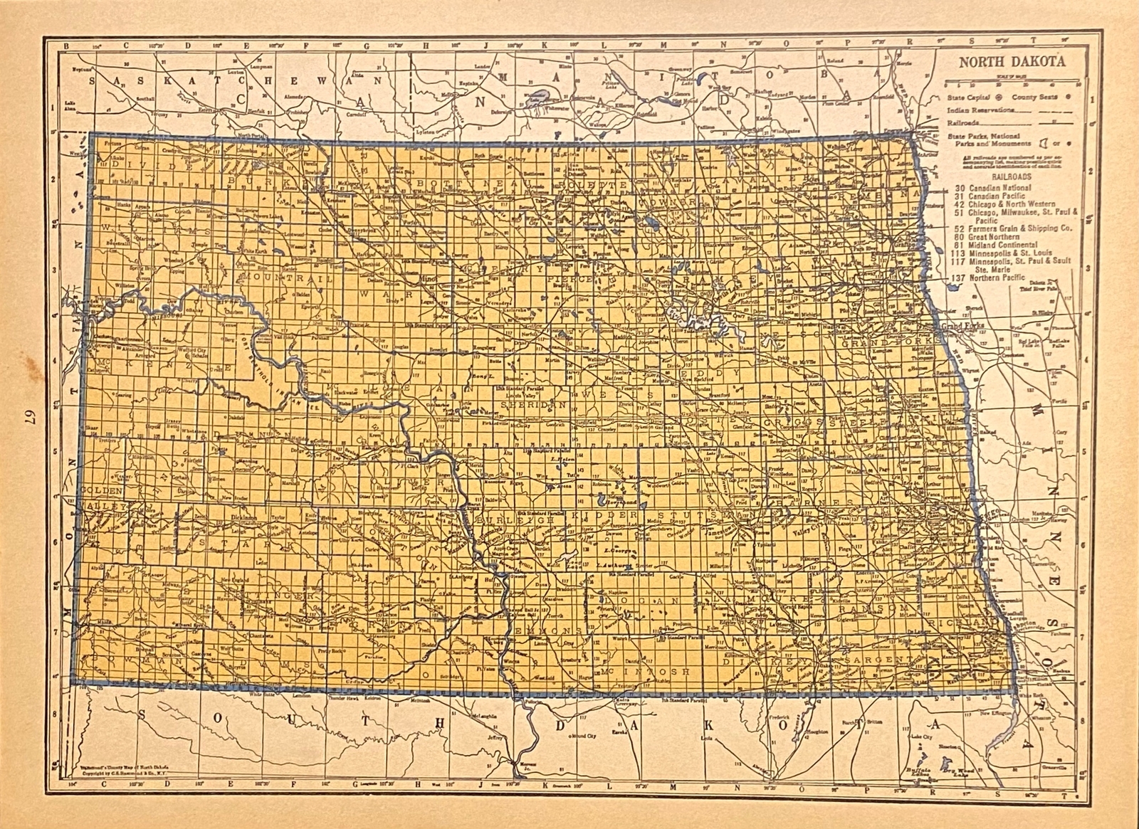 NORTH DAKOTA & OHIO c 1935 County & Railroad Maps. Hammond & Co. 9×12″ VG-F